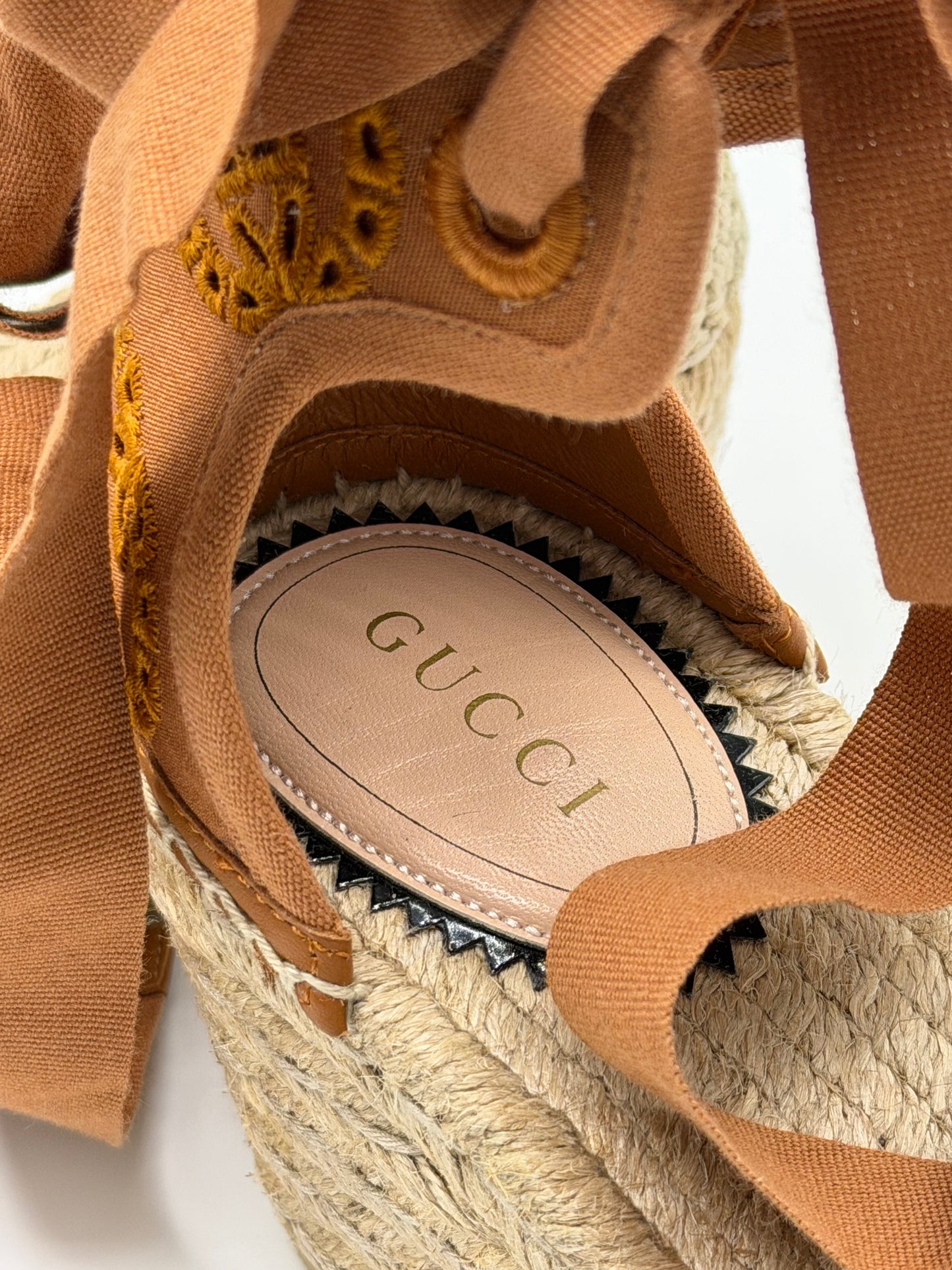 Gucci Canvas Damita GG Eyelet Espadrille Wedge Sandals Blondie Cognac
