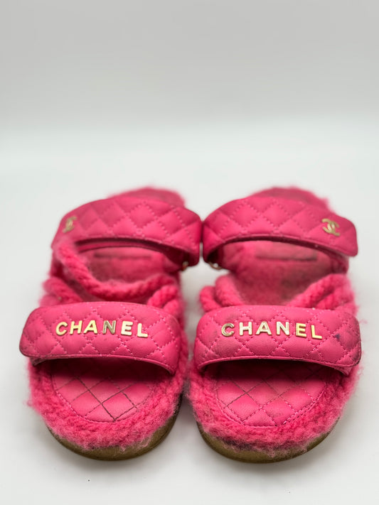 Chanel Cord Lambskin Quilted Logo Sandals 37 Pink