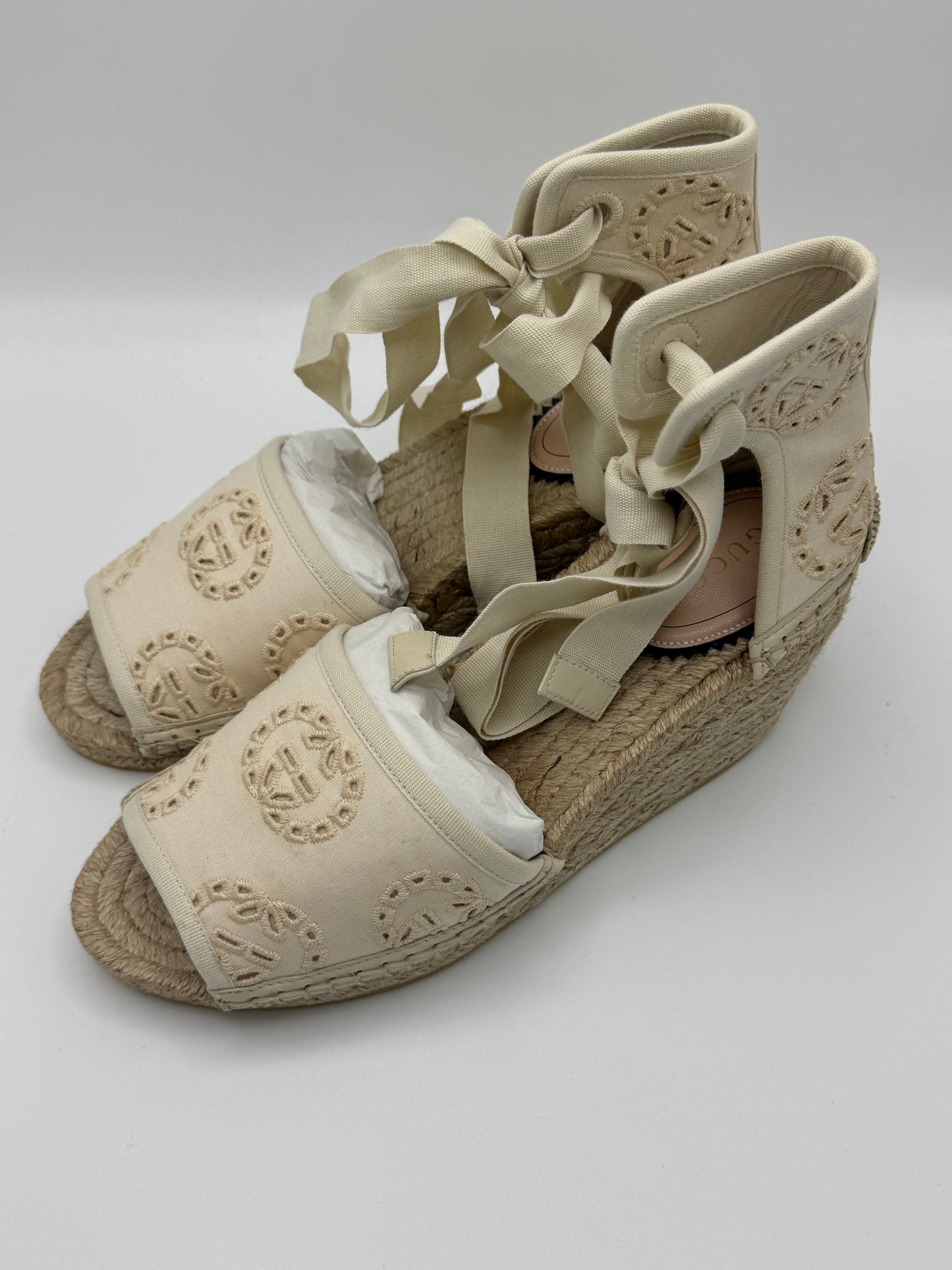 Gucci Interlocking G Platform Espadrilles in Ivory Canvas Ribbon Tie 36