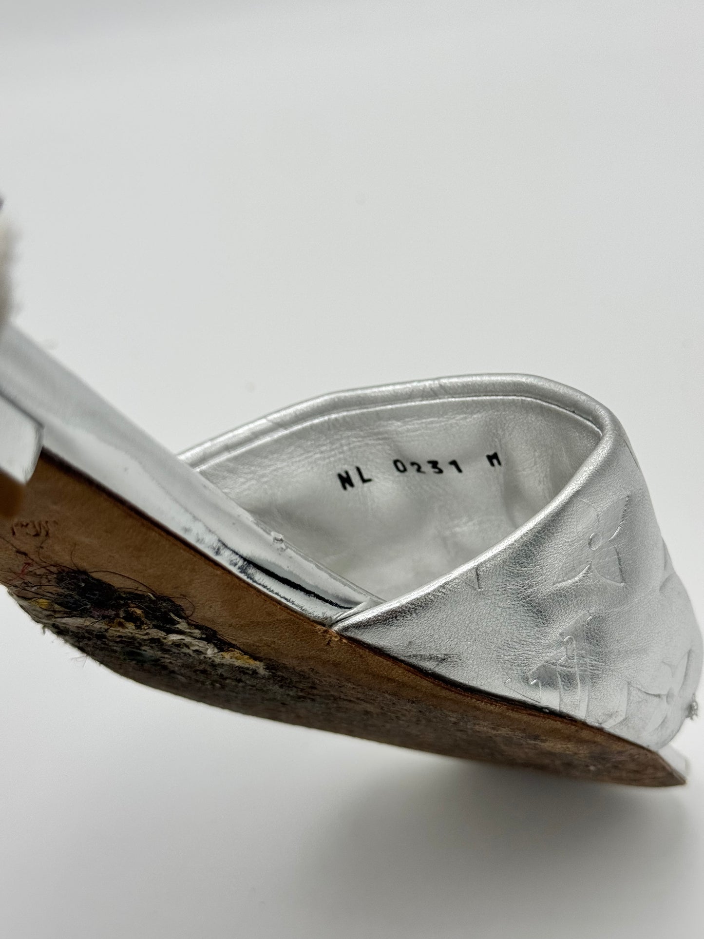 Louis Vuitton Silver Monogram Embossed Leather Revival Flat Slides 37.5