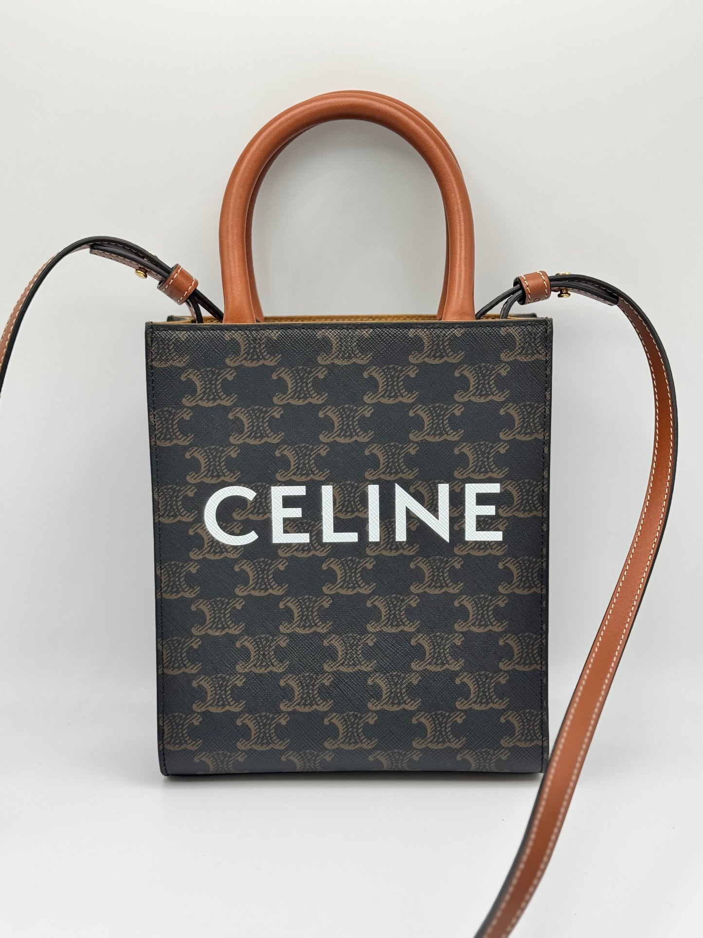 Celine Triomphe Canvas Calfskin Mini Vertical Cabas Tan