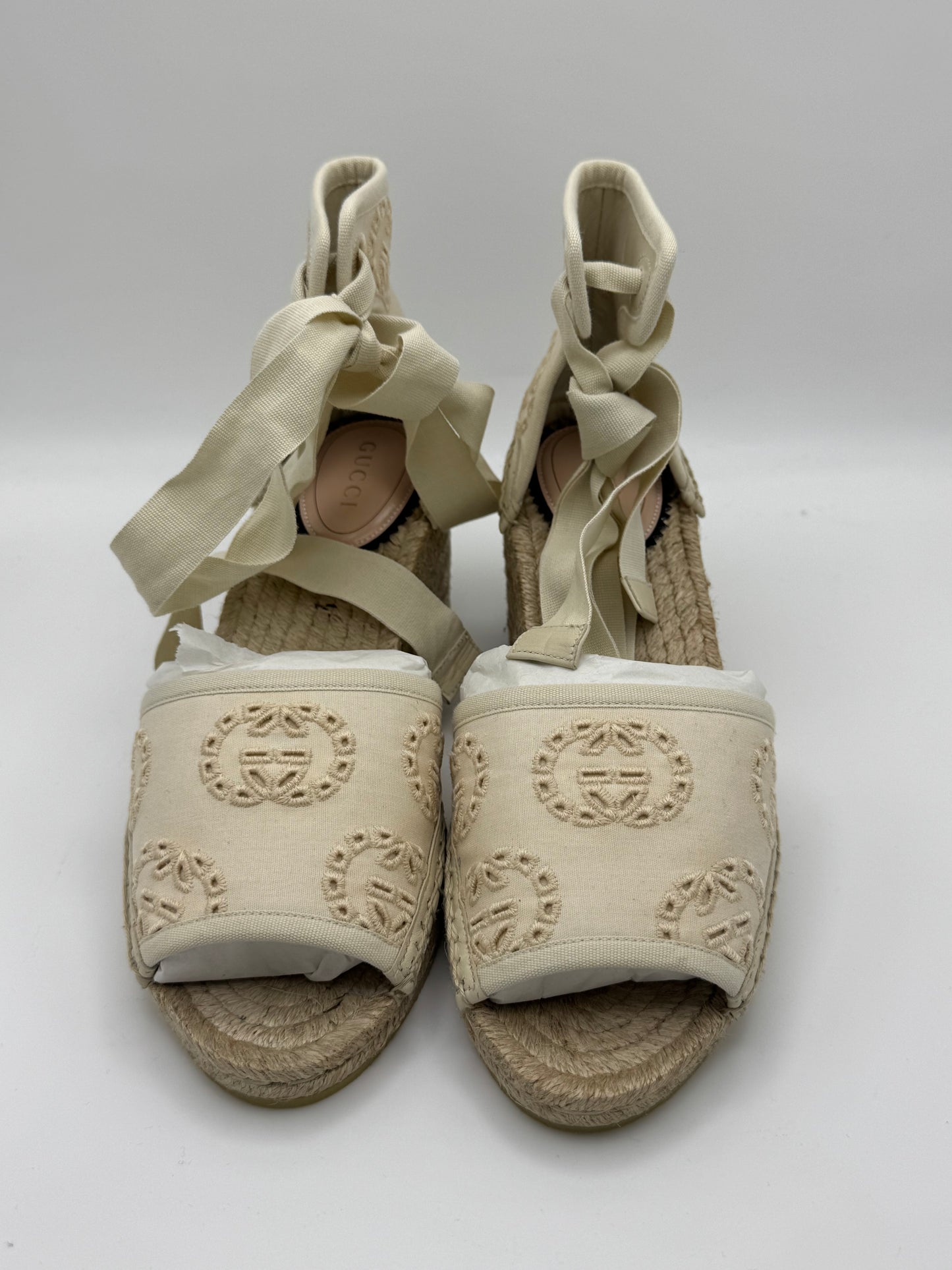 Gucci Interlocking G Platform Espadrilles in Ivory Canvas Ribbon Tie 36