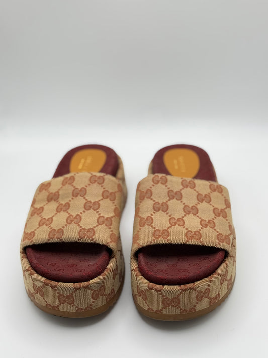 GUCCI Canvas GG Monogram Angelina Platform Slide Sandals 36 Beige Ruggine