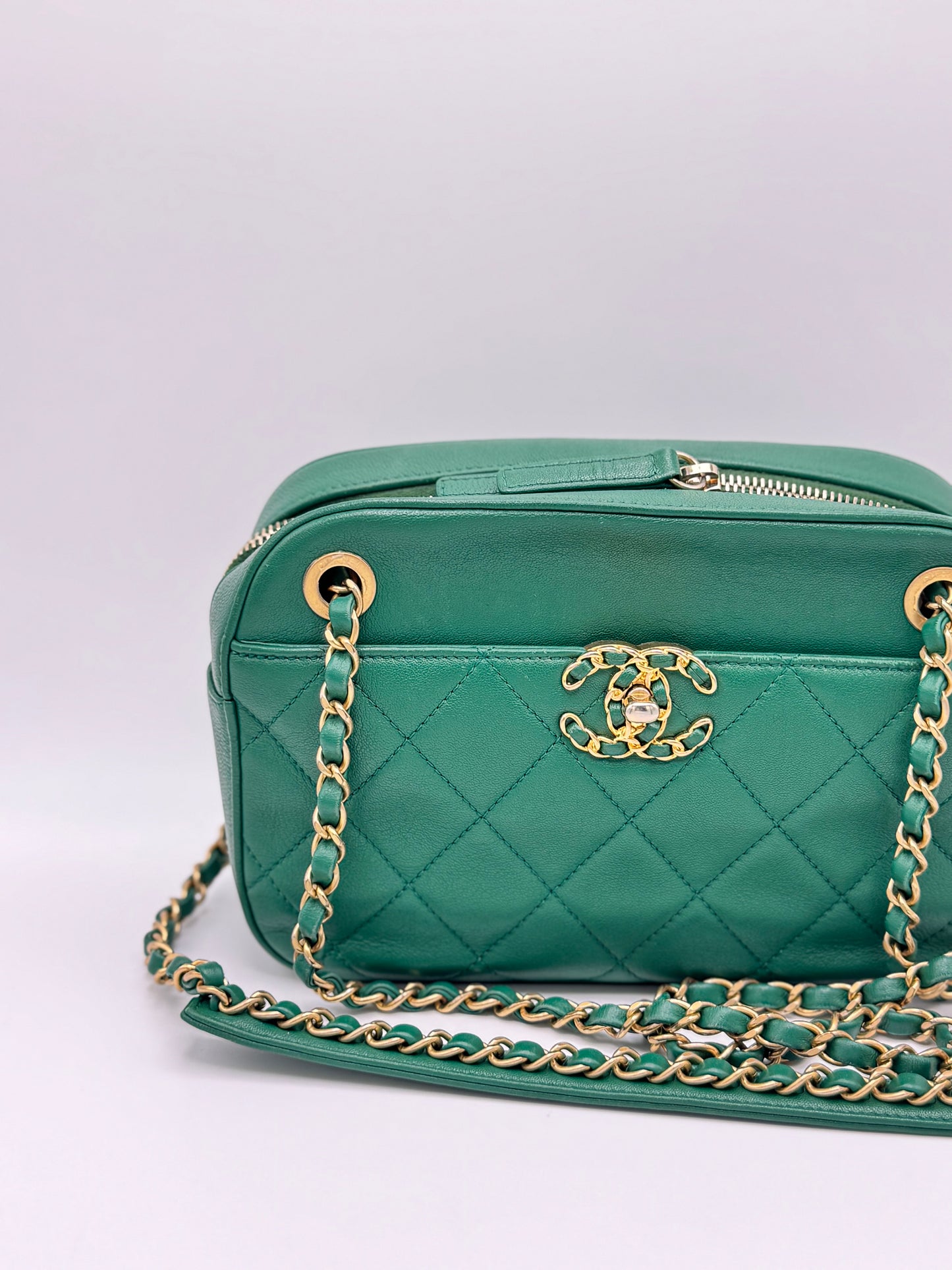 Chanel Goatskin Quilted Chain Infinity Camera Case Green