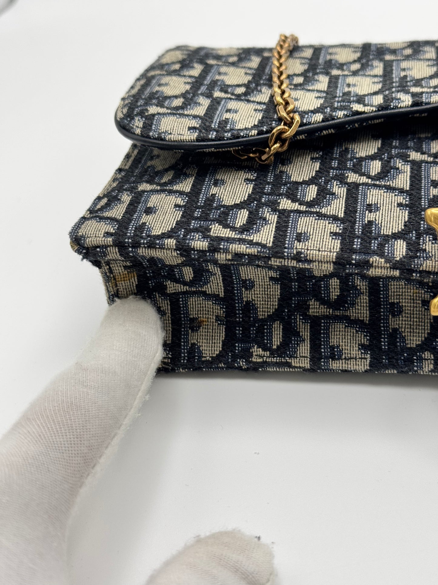 Dior Medium Saddle Pouch with Chain Blue Dior Oblique Jacquard