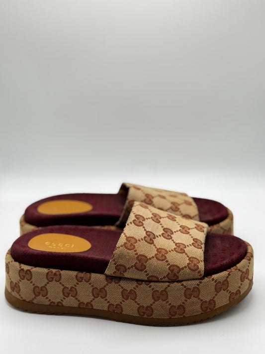 GUCCI Canvas GG Monogram Angelina Platform Slide Sandals 36 Beige Ruggine