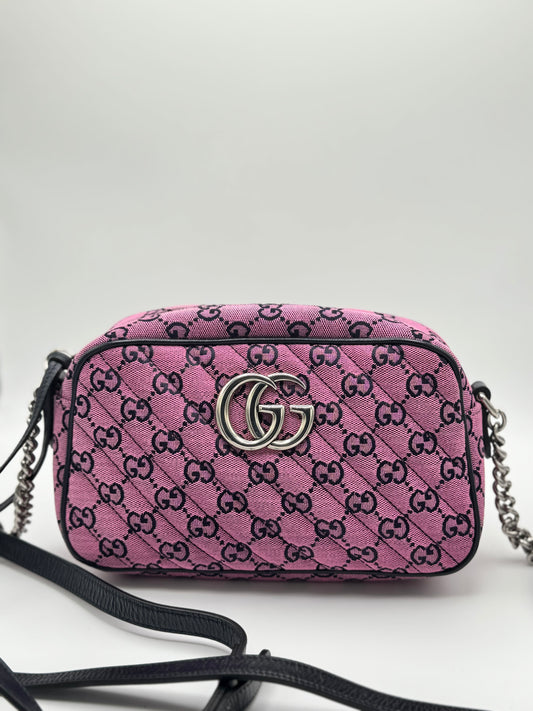 Gucci Monogram Multicolor Matelasse Diagonal Small GG Marmont Chain Shoulder Bag Pink Blue