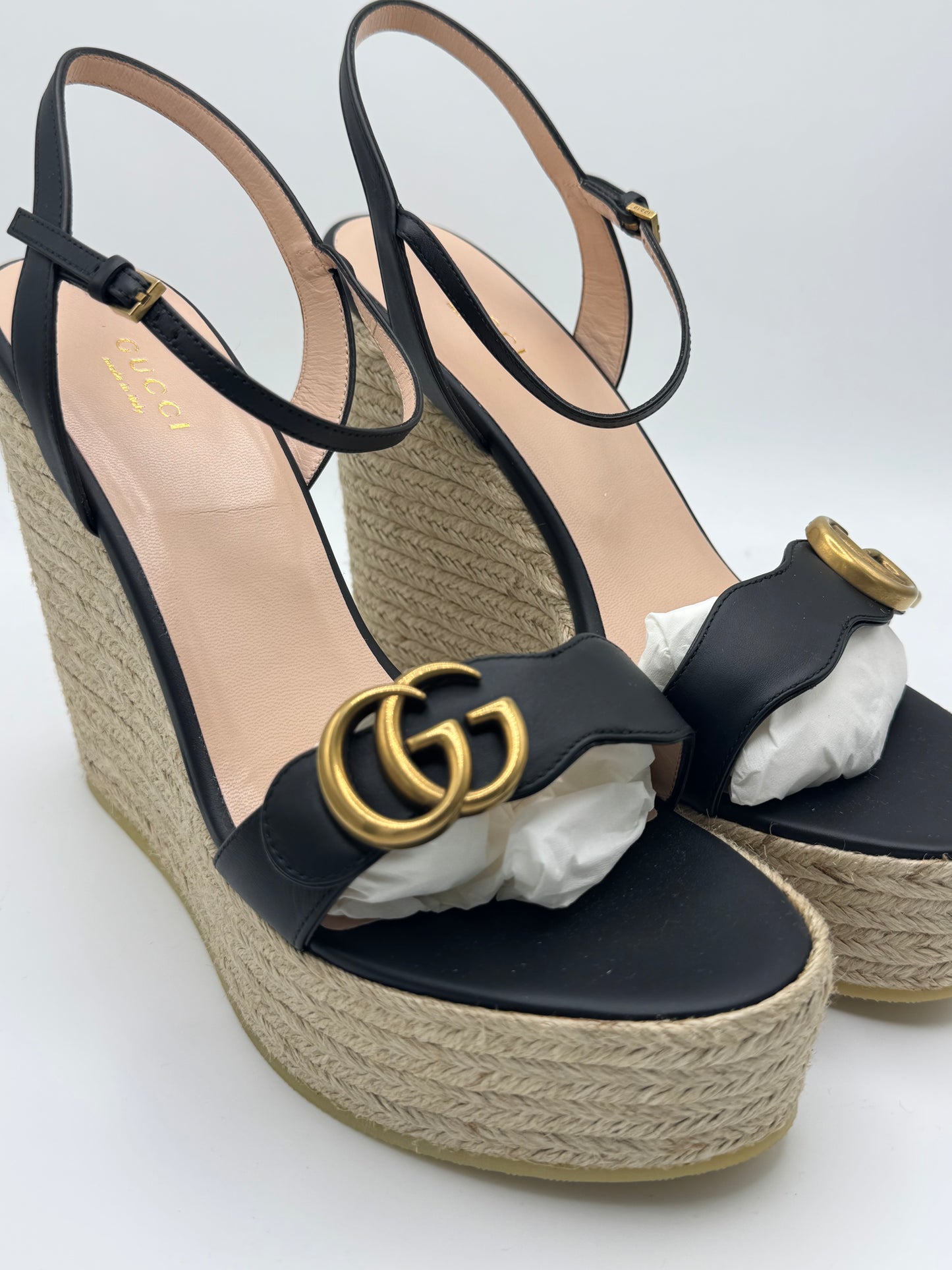 Gucci Black Leather Double G Wedge Espadrille 42