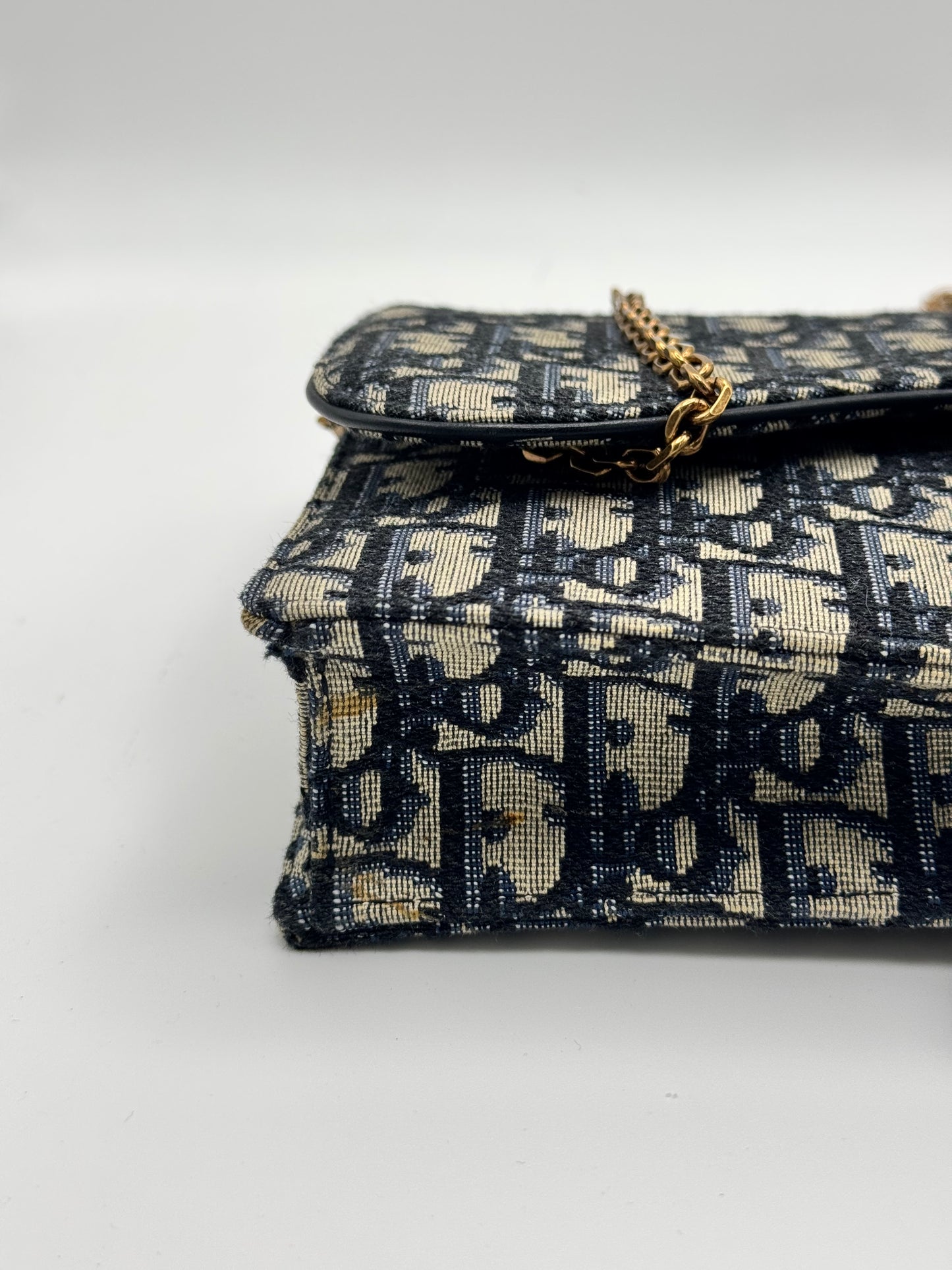 Dior Medium Saddle Pouch with Chain Blue Dior Oblique Jacquard