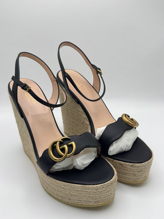 Gucci Black Leather Double G Wedge Espadrille 42