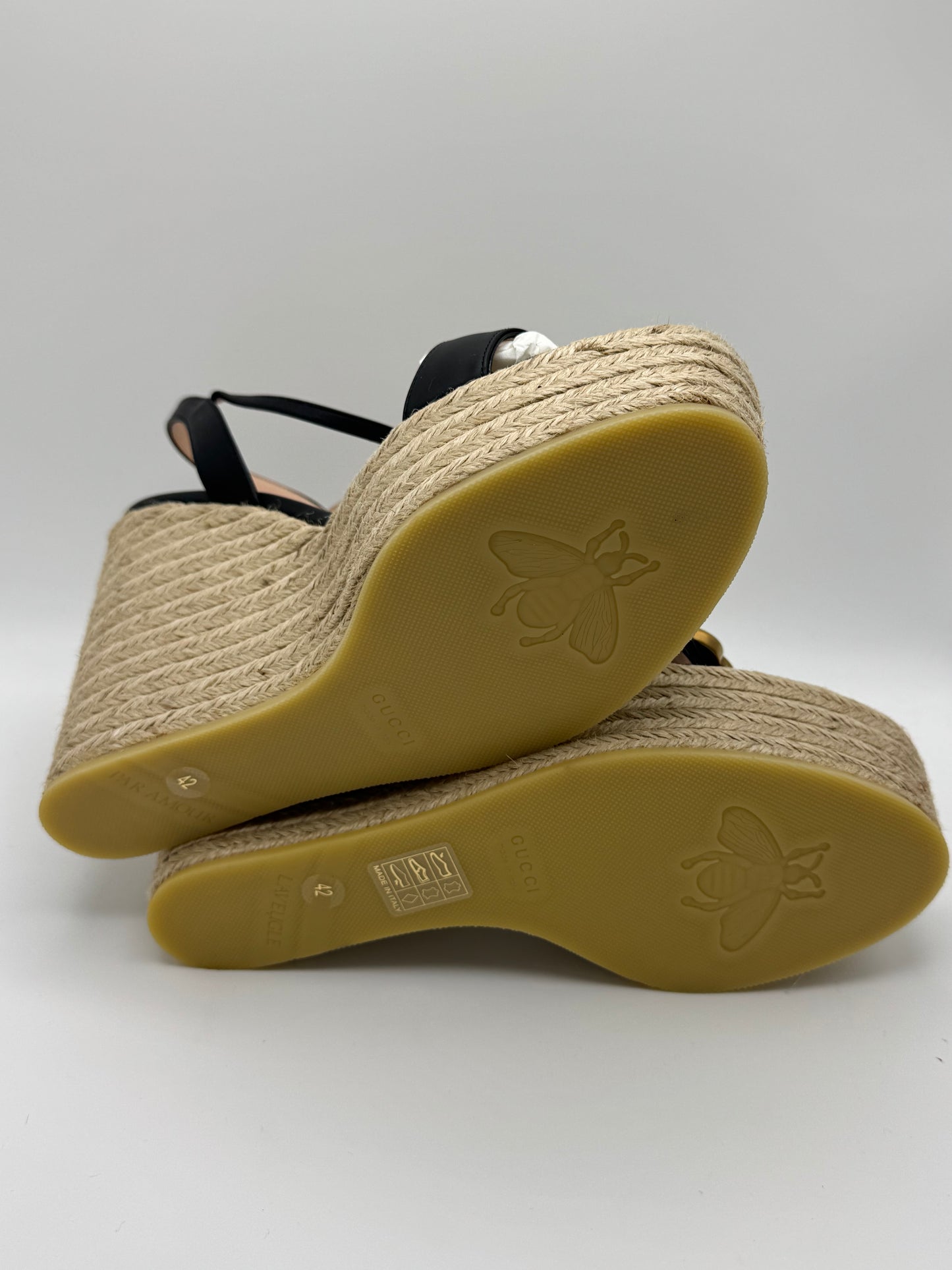 Gucci Black Leather Double G Wedge Espadrille 42