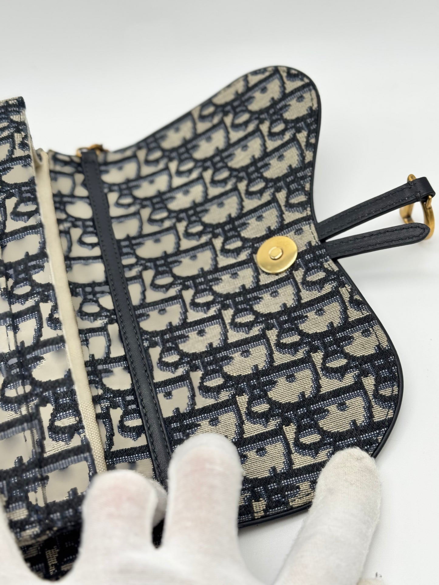 Dior Medium Saddle Pouch with Chain Blue Dior Oblique Jacquard