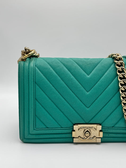 Chanel Caviar Chevron Quilted Medium Boy Flap Turquoise