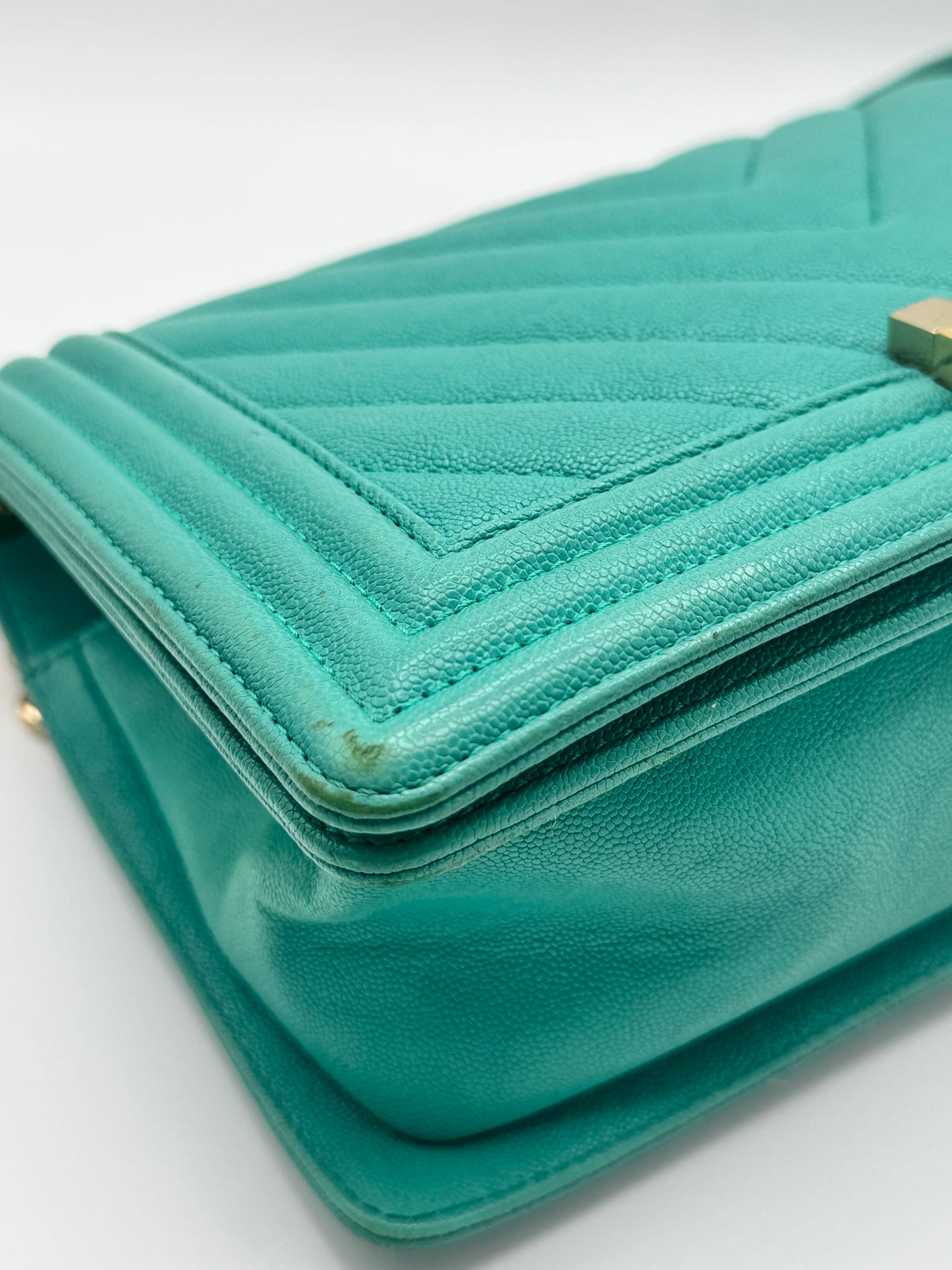 Chanel Caviar Chevron Quilted Medium Boy Flap Turquoise