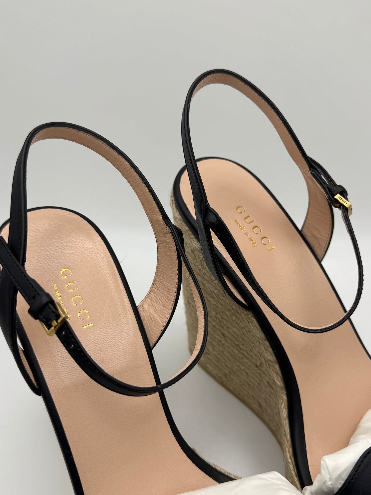 Gucci Black Leather Double G Wedge Espadrille 42