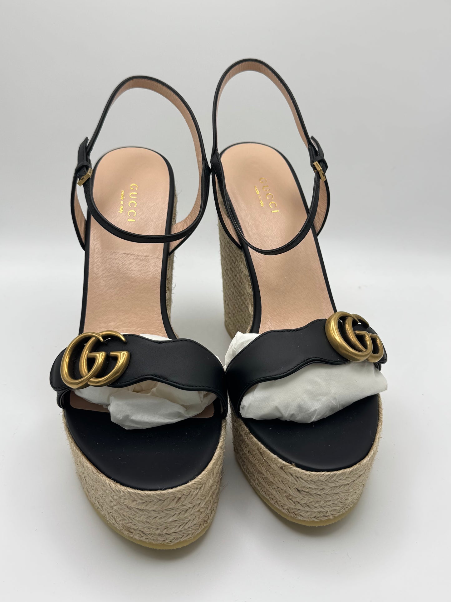 Gucci Black Leather Double G Wedge Espadrille 42