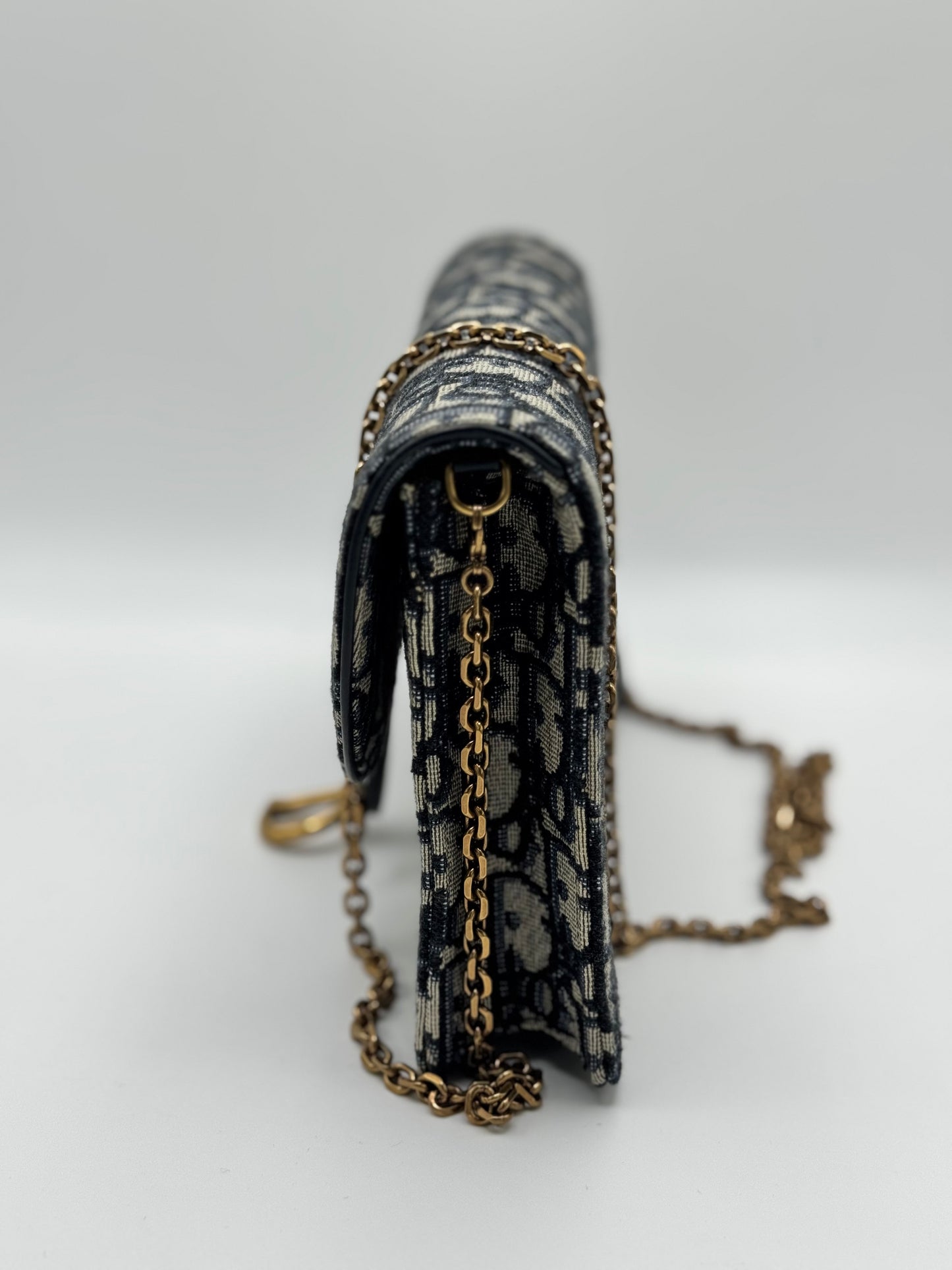 Dior Medium Saddle Pouch with Chain Blue Dior Oblique Jacquard