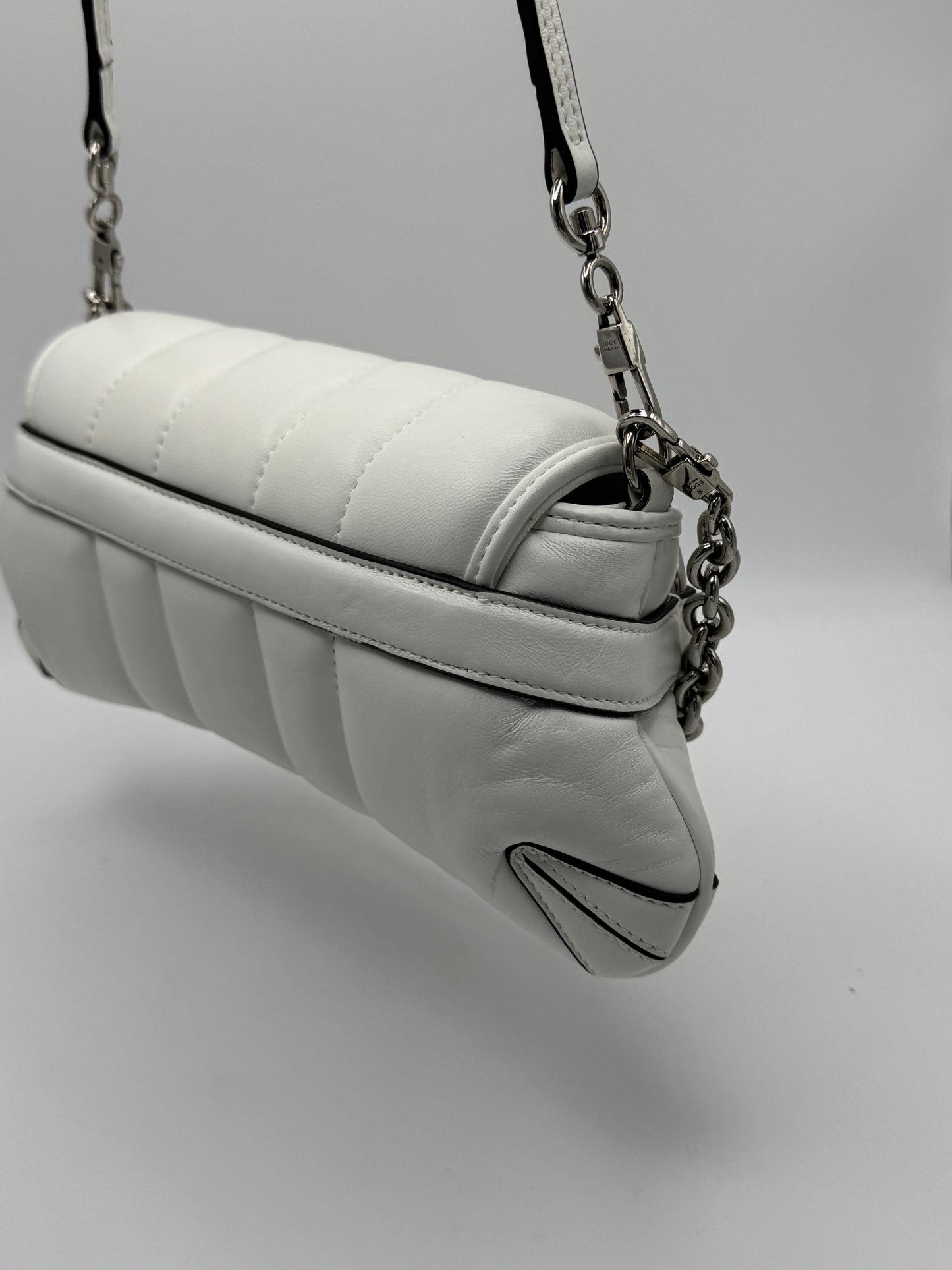 Gucci Nappa Vertical Matelasse Small Maxi Horsebit Chain Shoulder Bag Great White