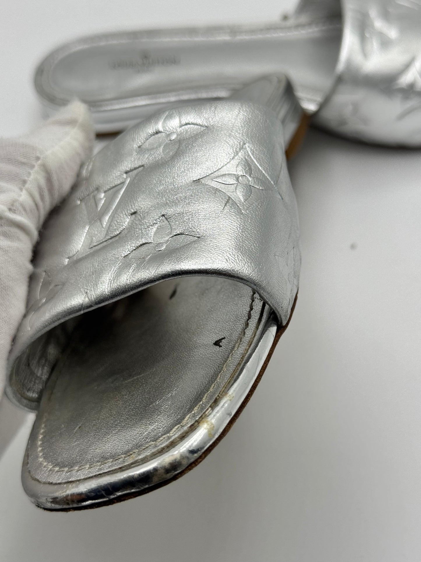 Louis Vuitton Silver Monogram Embossed Leather Revival Flat Slides 37.5