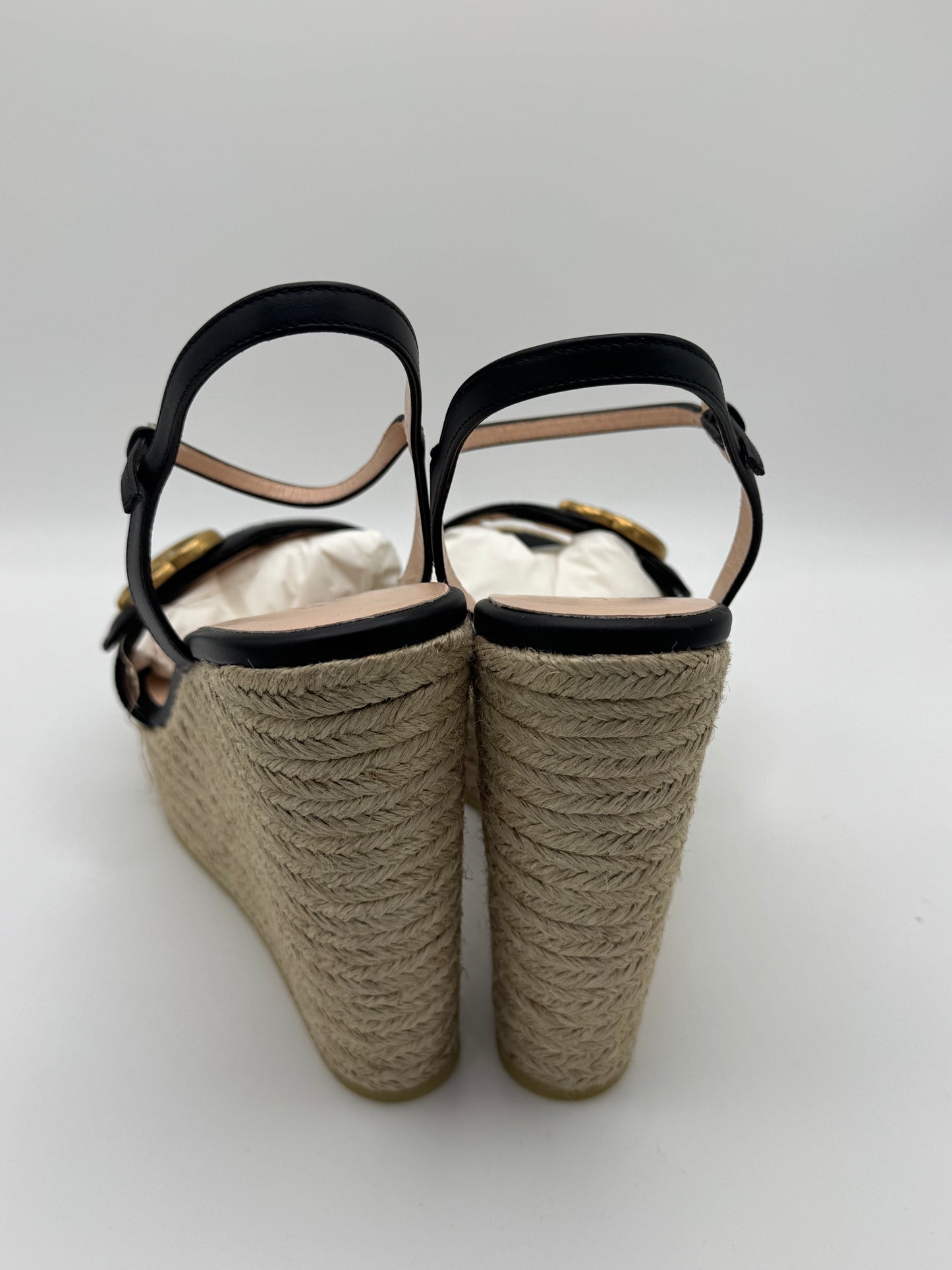 Gucci Black Leather Double G Wedge Espadrille 42