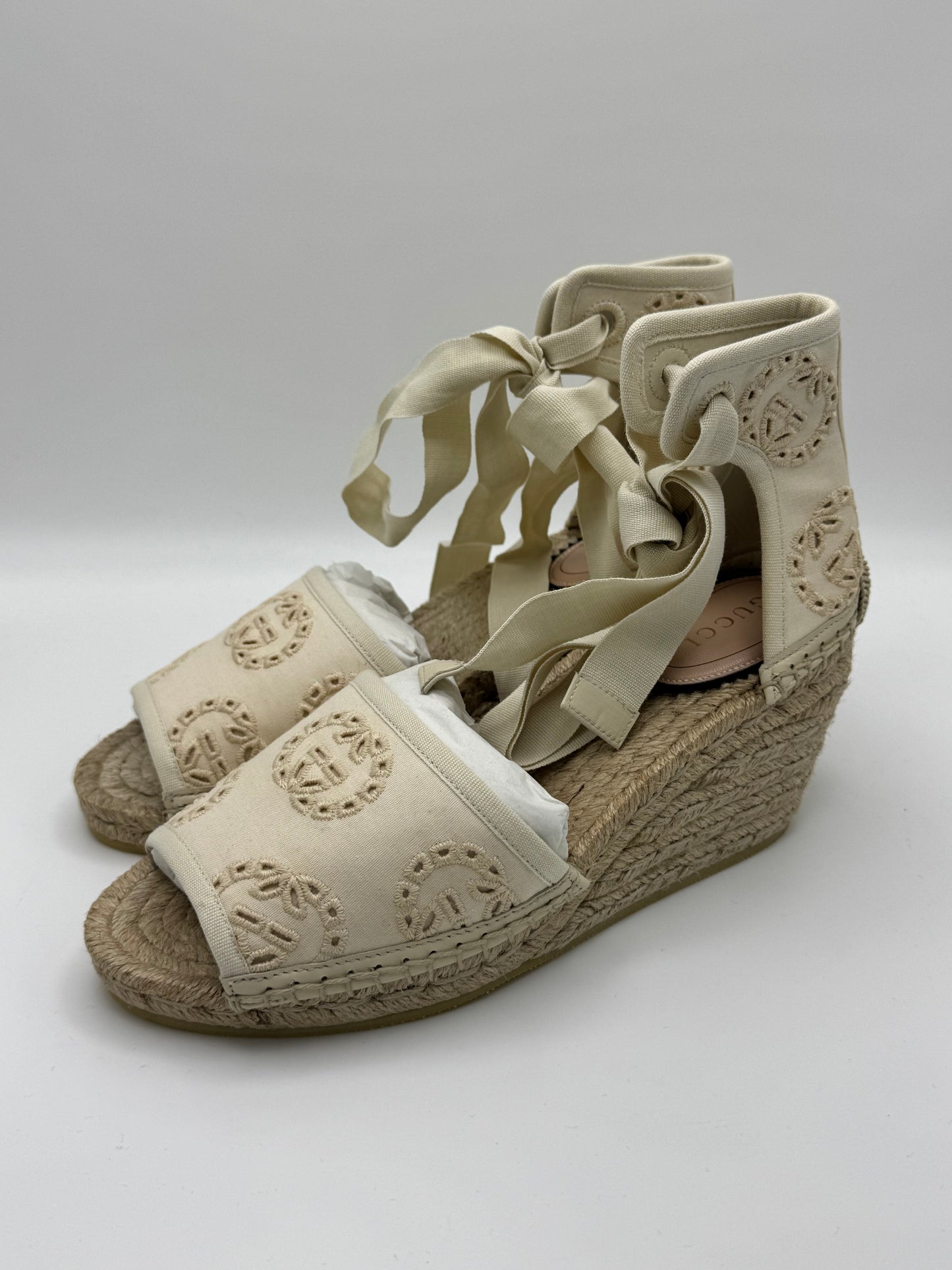 Gucci Interlocking G Platform Espadrilles in Ivory Canvas Ribbon Tie 36