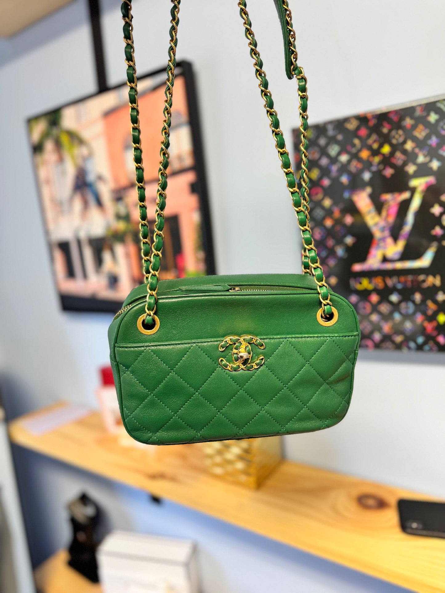 Chanel Goatskin Quilted Chain Infinity Camera Case Green