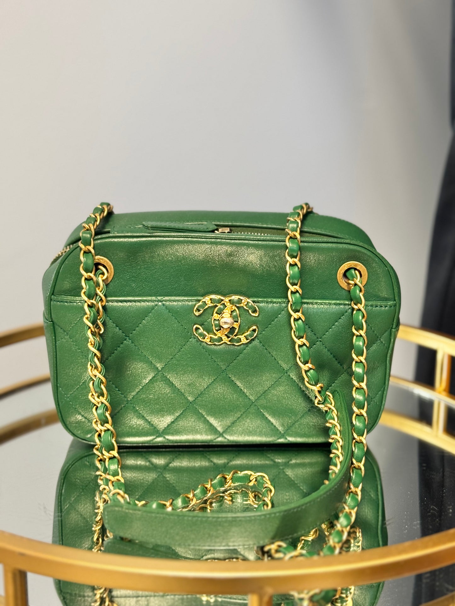 Chanel Goatskin Quilted Chain Infinity Camera Case Green
