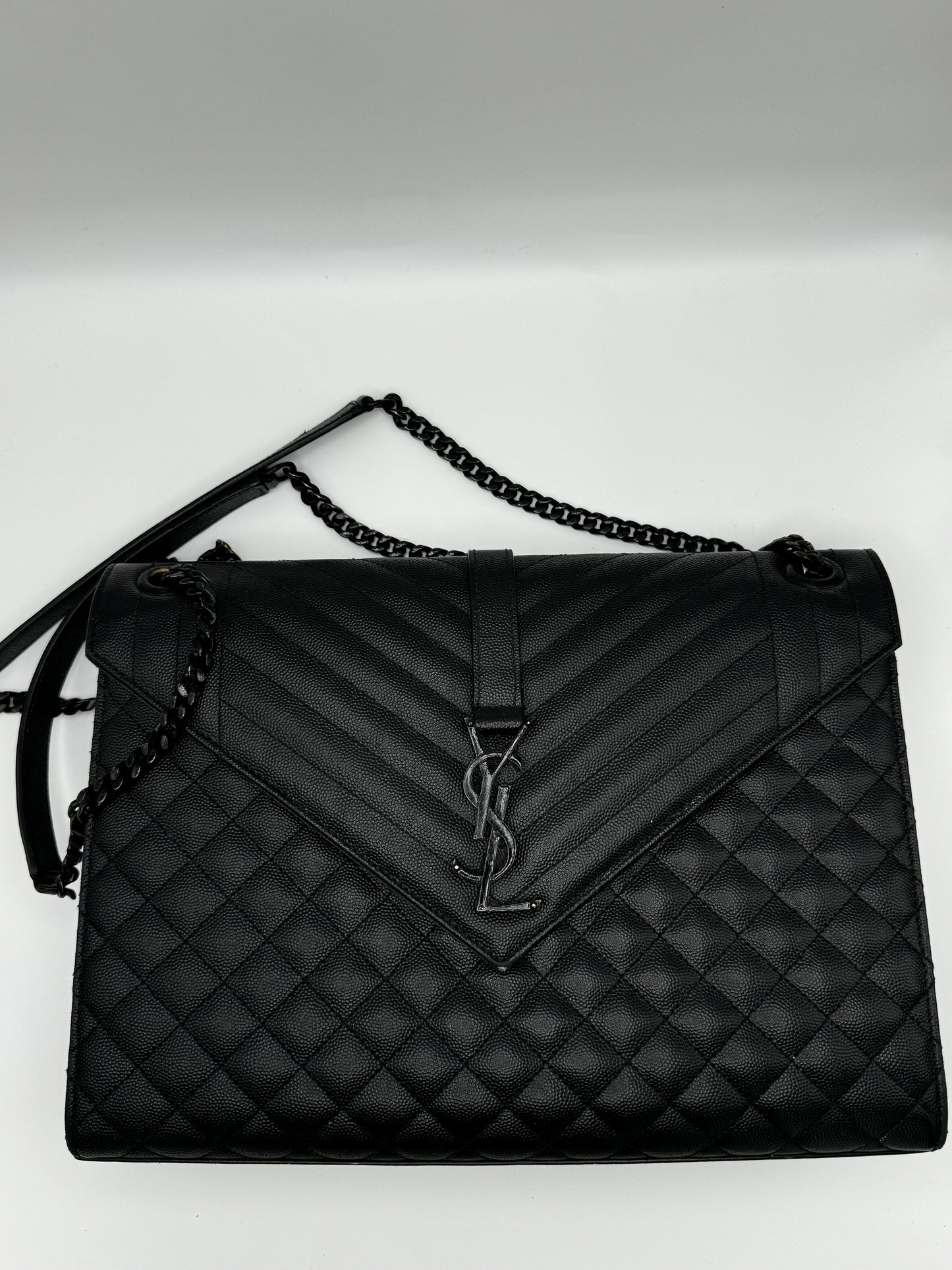 Saint Laurent Grain De Poudre Textured Mixed Matelasse Large Triquilt Monogram Monochrome Satchel Black