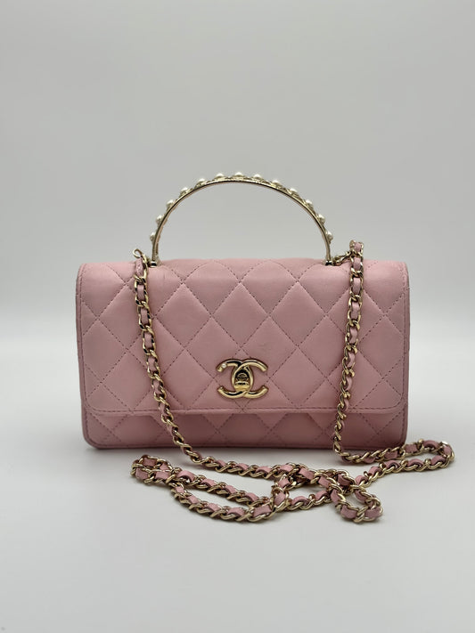 Chanel Lambskin Pearl Top Handle Wallet On Chain WOC Light Pink