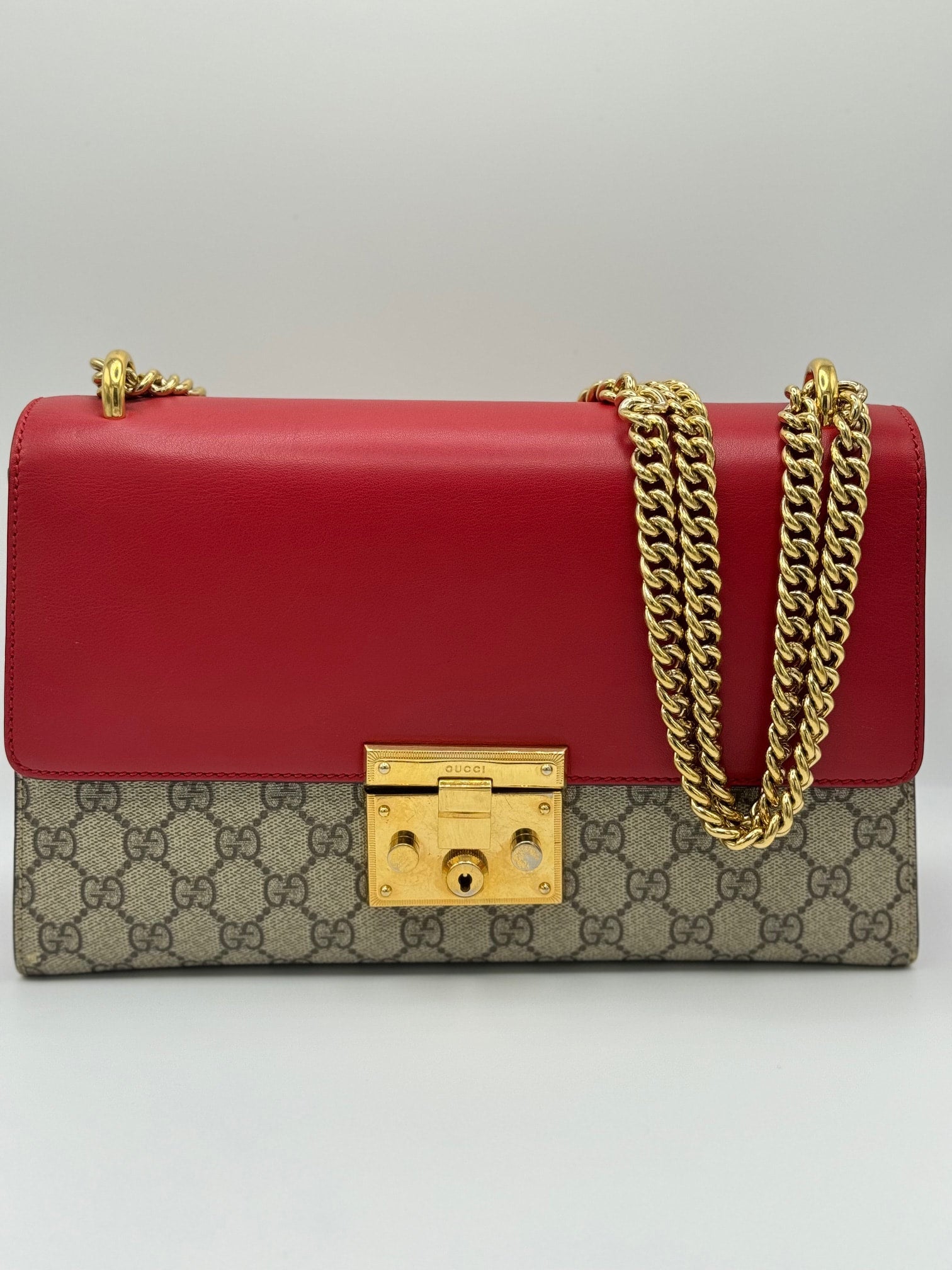 Gucci Red GG Supreme Coated Canvas Padlock Medium Shoulder Bag | Designerfindsforless