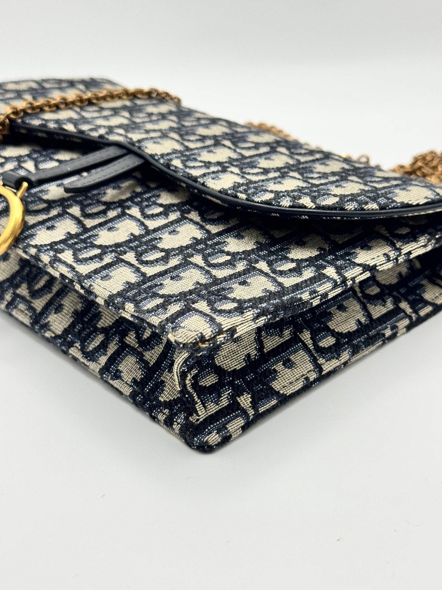 Dior Medium Saddle Pouch with Chain Blue Dior Oblique Jacquard