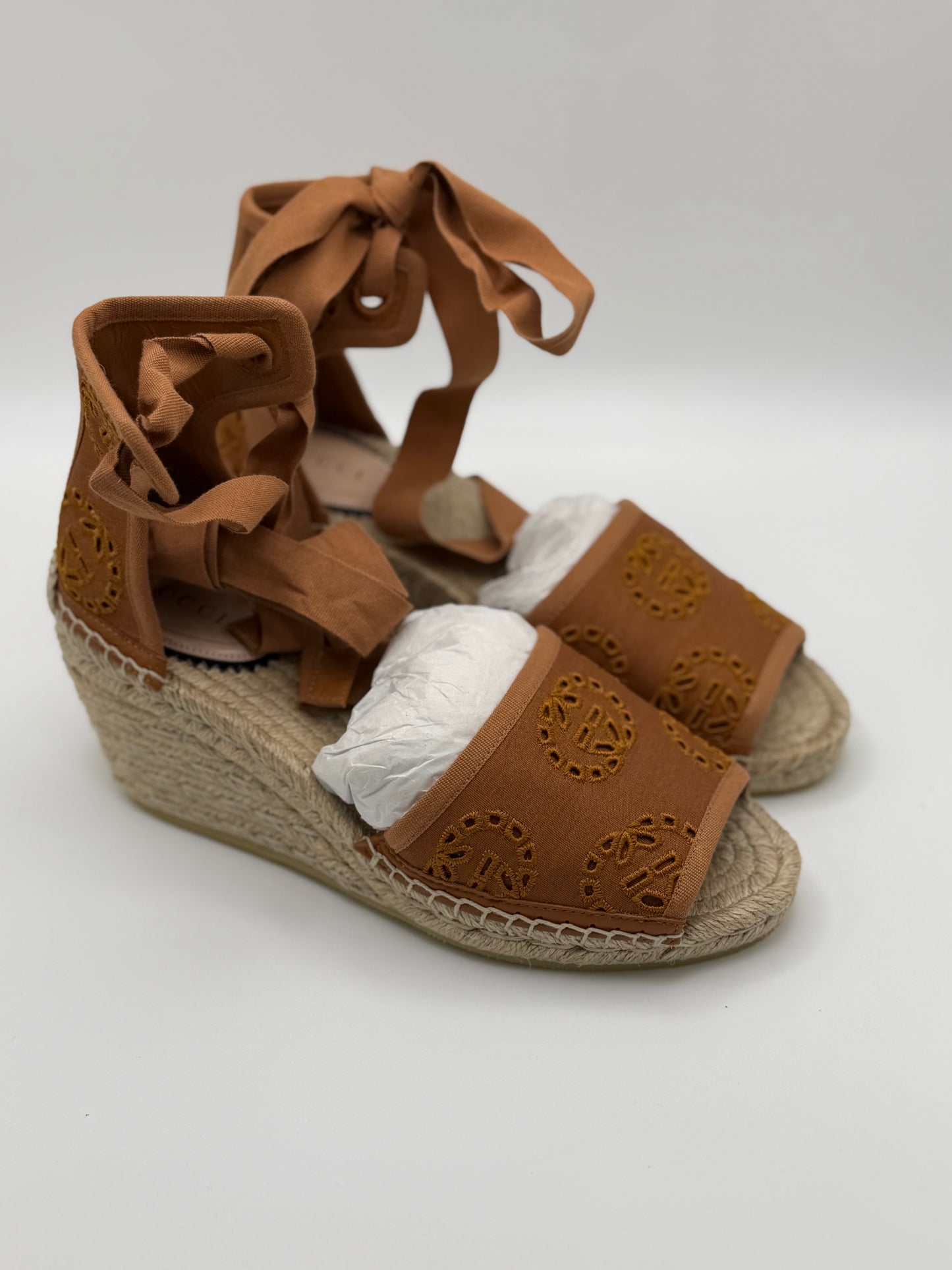 Gucci Canvas Damita GG Eyelet Espadrille Wedge Sandals Blondie Cognac