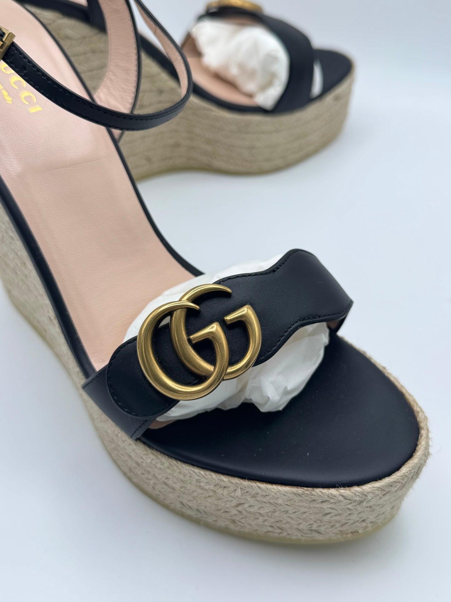 Gucci Black Leather Double G Wedge Espadrille 42
