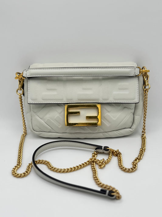 Fendi Nappa FF Embossed Mini Baguette White
