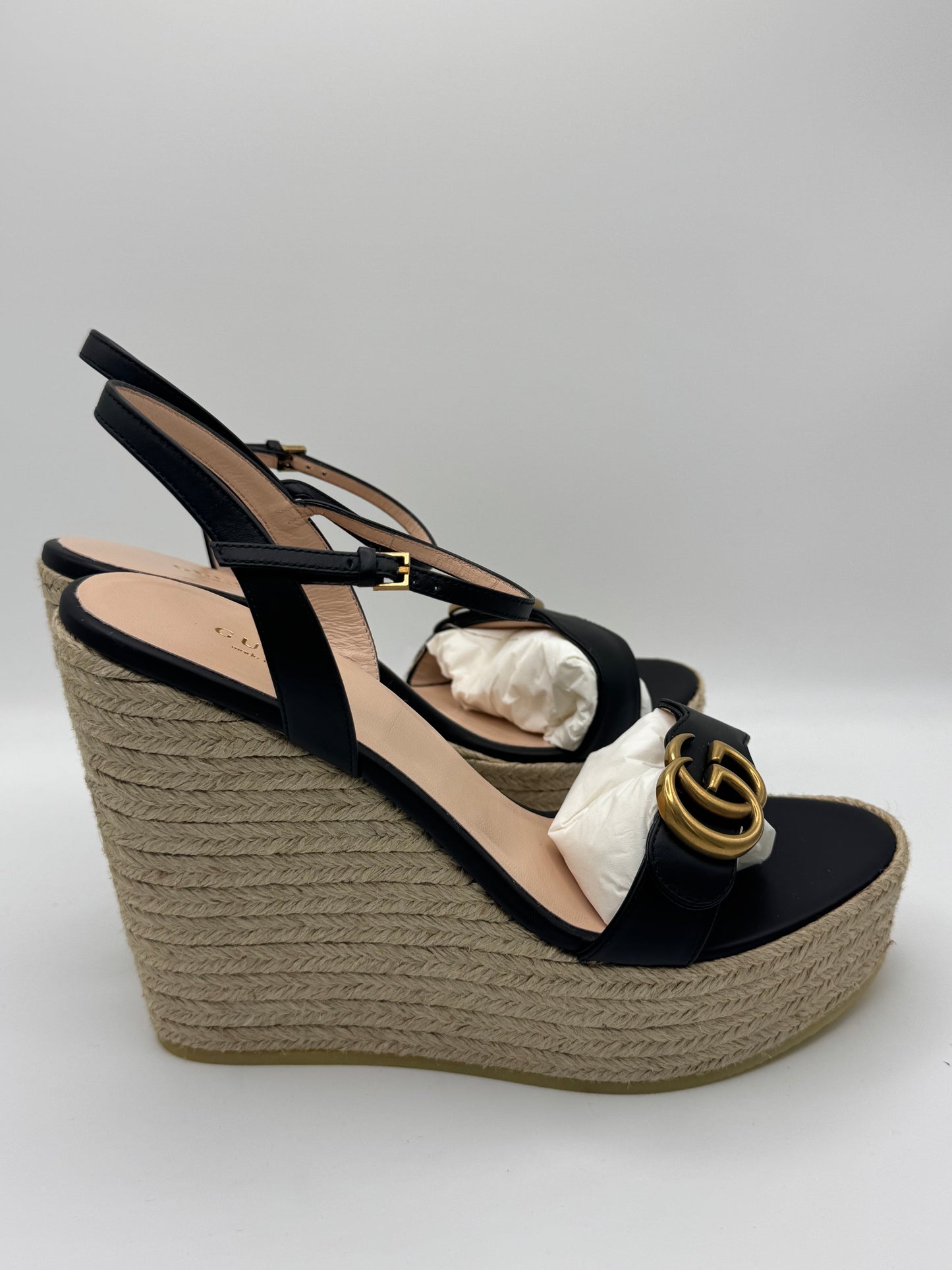 Gucci Black Leather Double G Wedge Espadrille 42