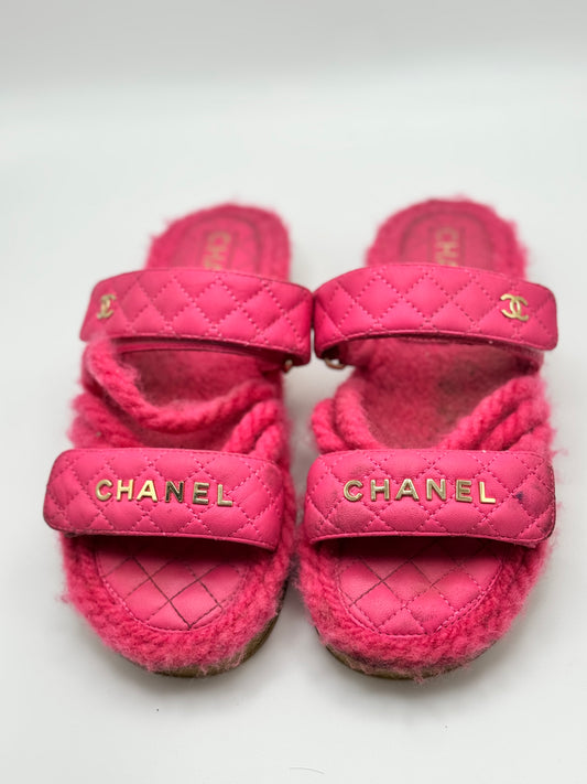 Chanel Cord Lambskin Quilted Logo Sandals 37 Pink