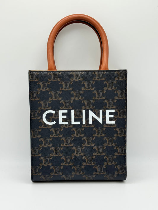 Celine Triomphe Canvas Calfskin Mini Vertical Cabas Tan