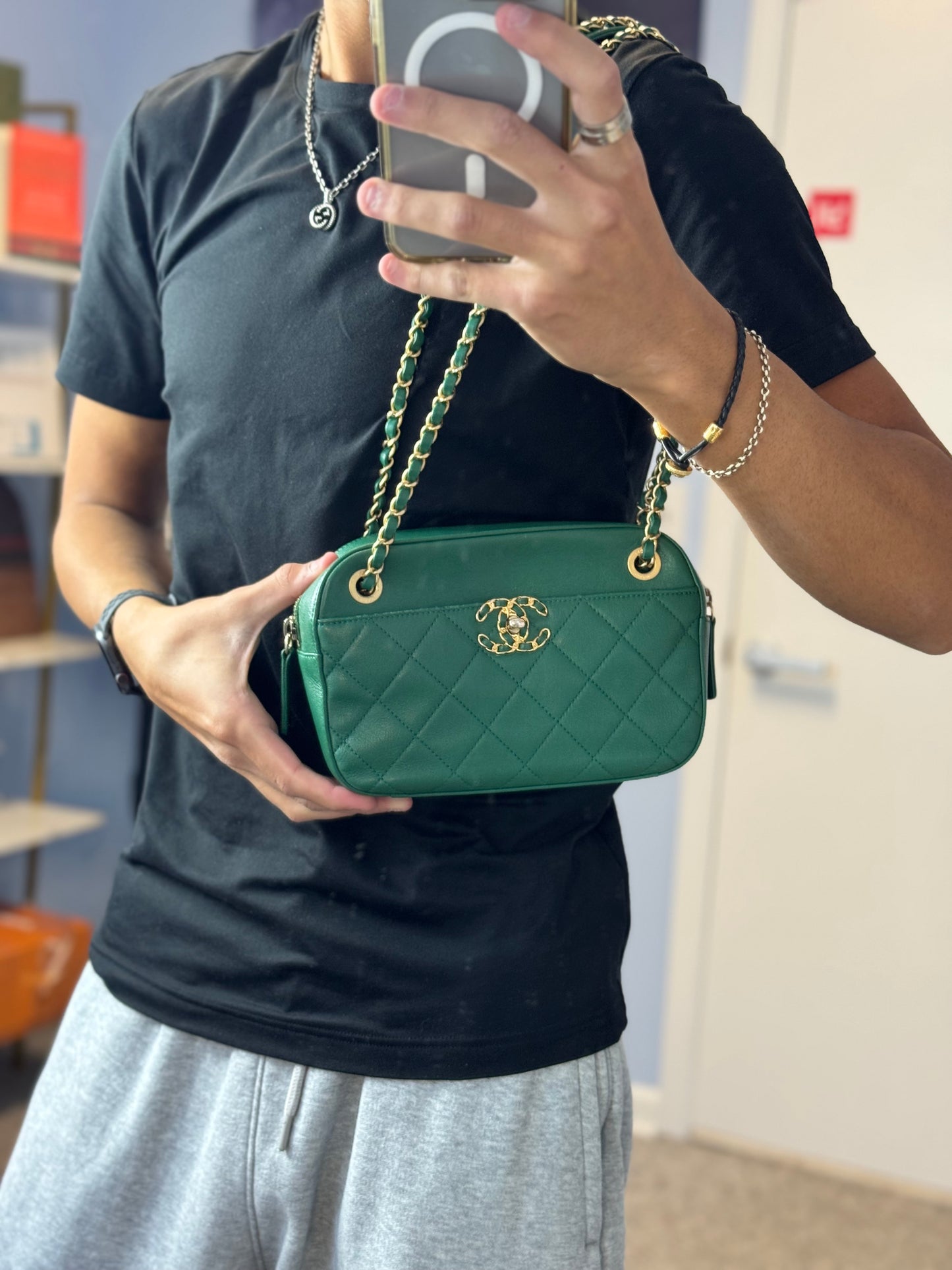 Chanel Goatskin Quilted Chain Infinity Camera Case Green