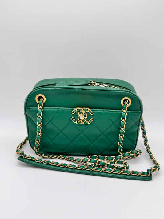 Chanel Goatskin Quilted Chain Infinity Camera Case Green