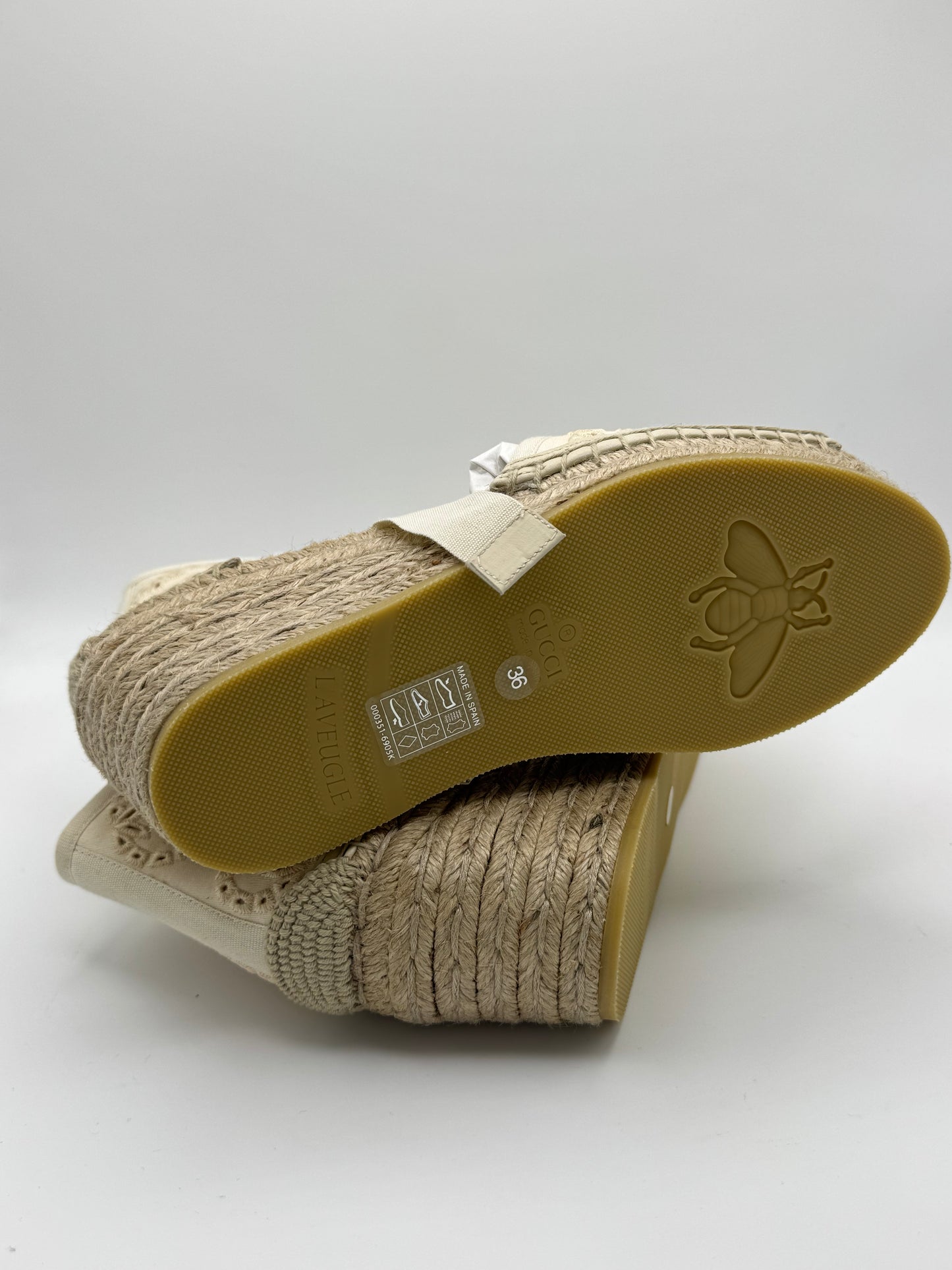 Gucci Interlocking G Platform Espadrilles in Ivory Canvas Ribbon Tie 36