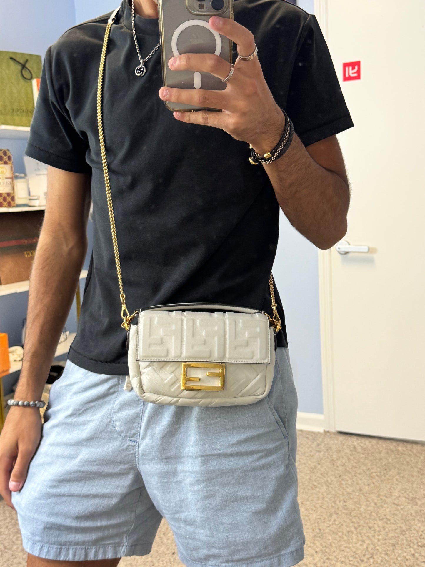 Fendi Nappa FF Embossed Mini Baguette White