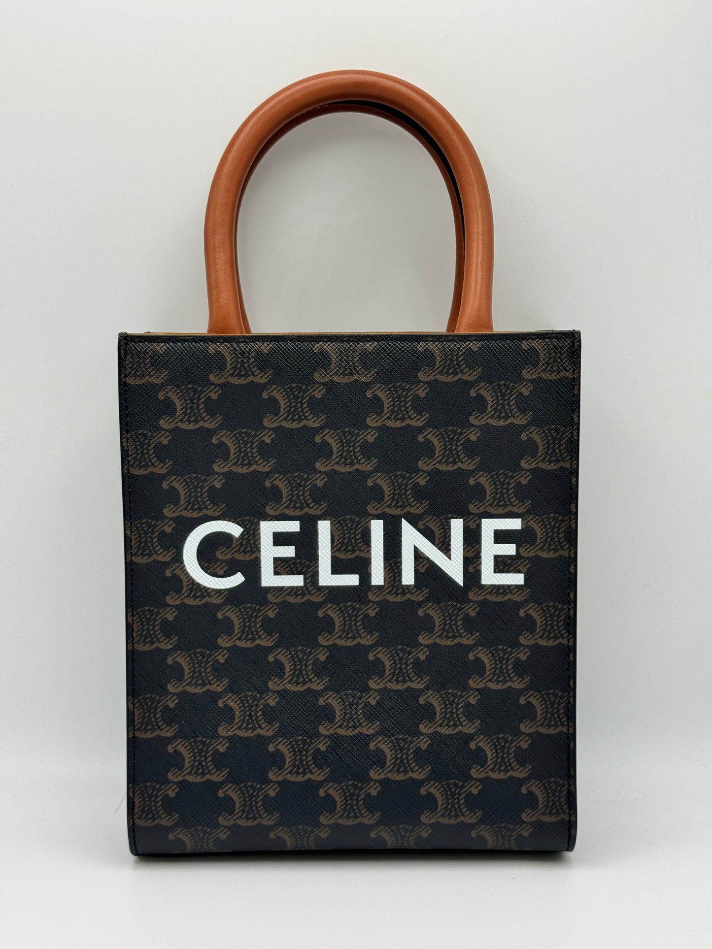 Celine Triomphe Canvas Calfskin Mini Vertical Cabas Tan
