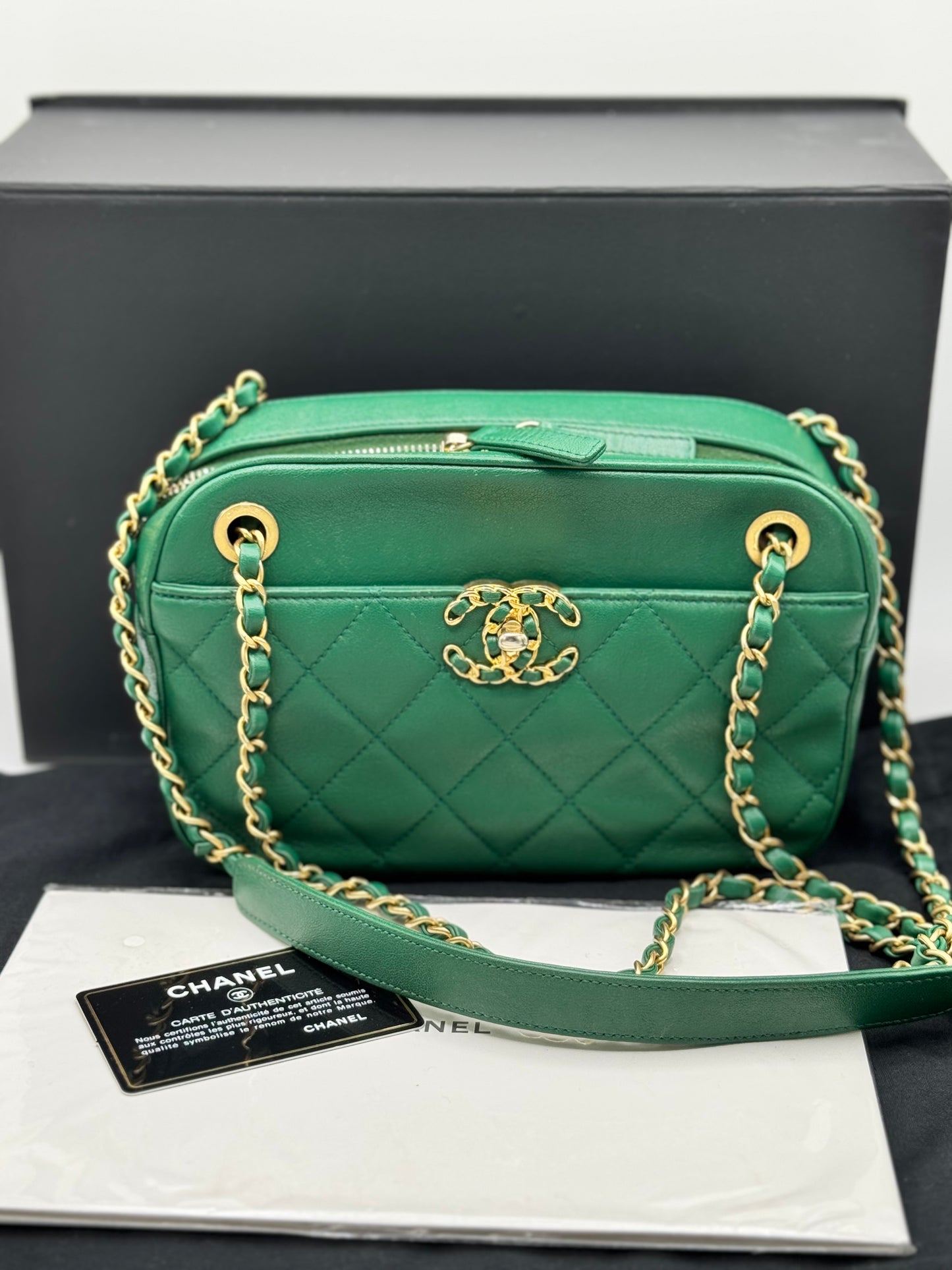 Chanel Goatskin Quilted Chain Infinity Camera Case Green