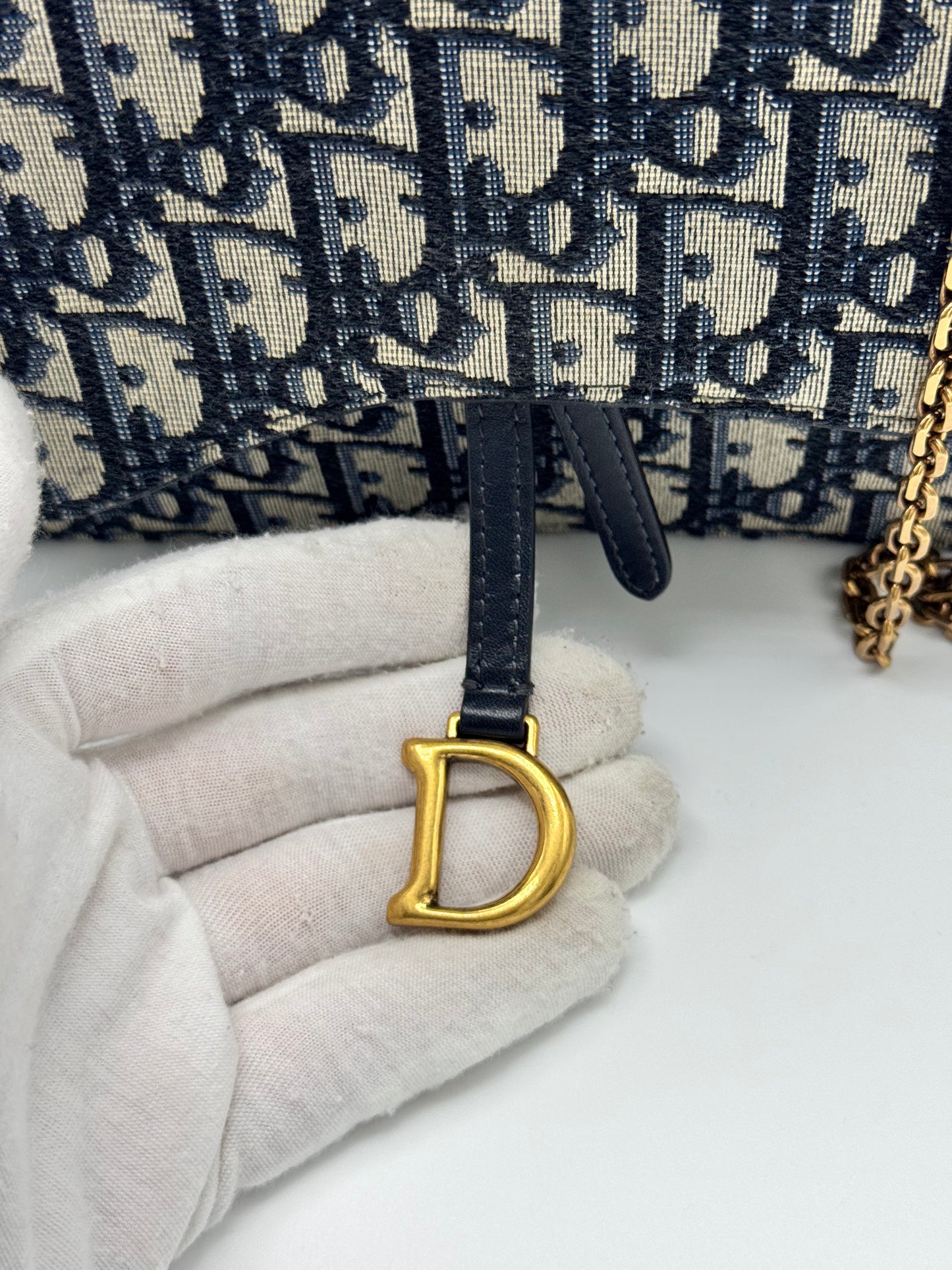 Dior Medium Saddle Pouch with Chain Blue Dior Oblique Jacquard