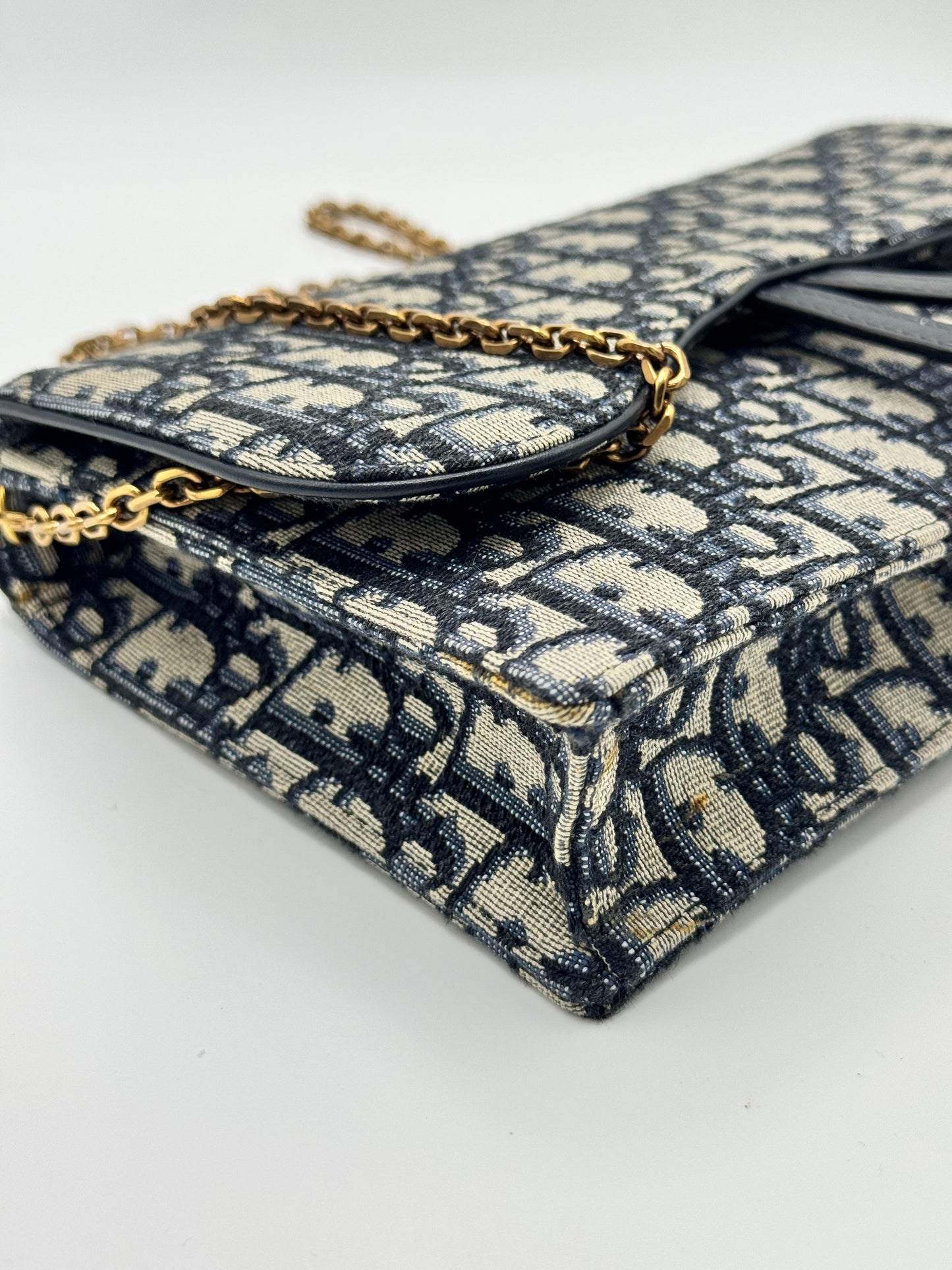 Dior Medium Saddle Pouch with Chain Blue Dior Oblique Jacquard