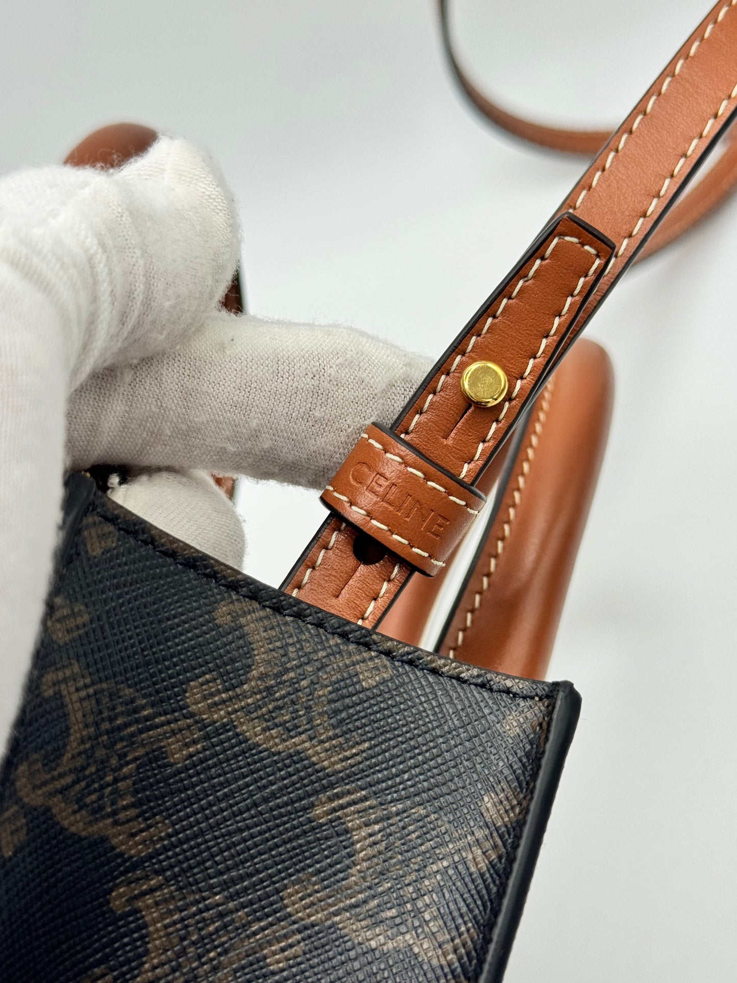 Celine Triomphe Canvas Calfskin Mini Vertical Cabas Tan