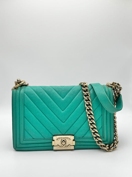 Chanel Caviar Chevron Quilted Medium Boy Flap Turquoise