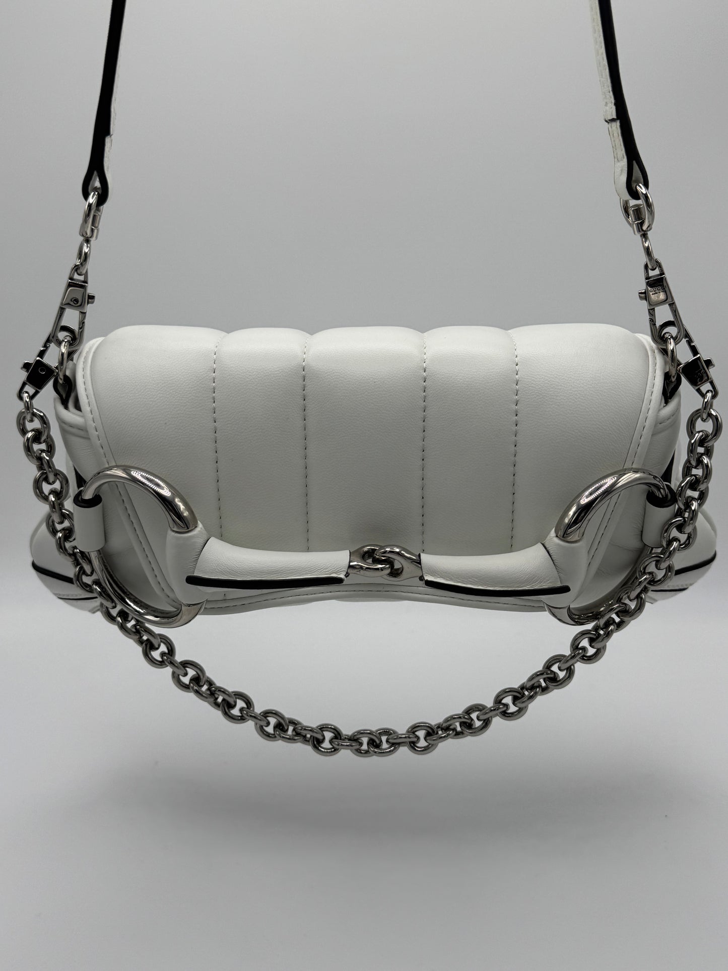 Gucci Nappa Vertical Matelasse Small Maxi Horsebit Chain Shoulder Bag Great White