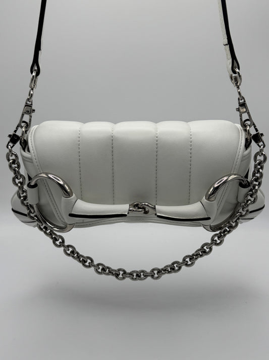 Gucci Nappa Vertical Matelasse Small Maxi Horsebit Chain Shoulder Bag Great White