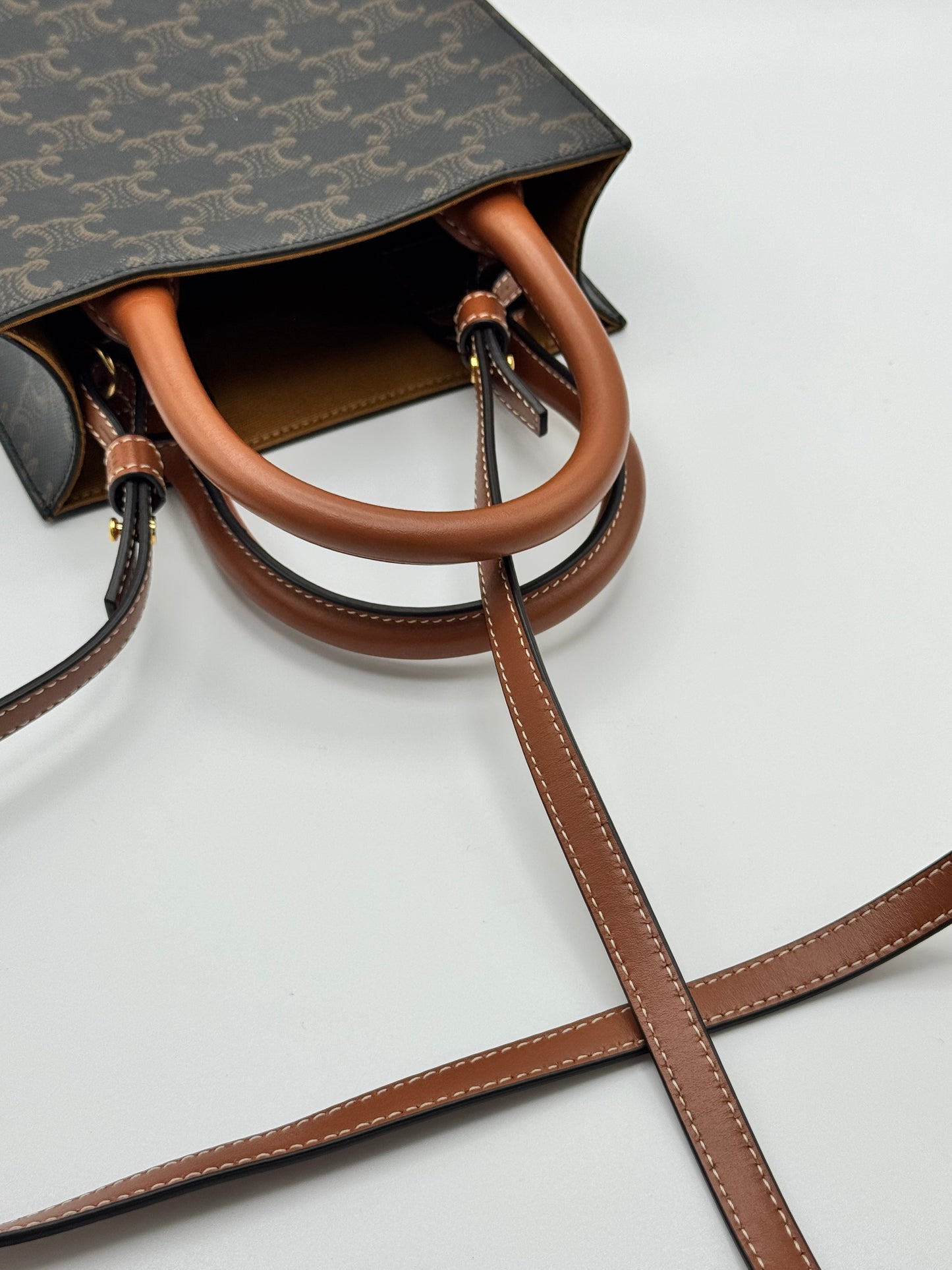 Celine Triomphe Canvas Calfskin Mini Vertical Cabas Tan